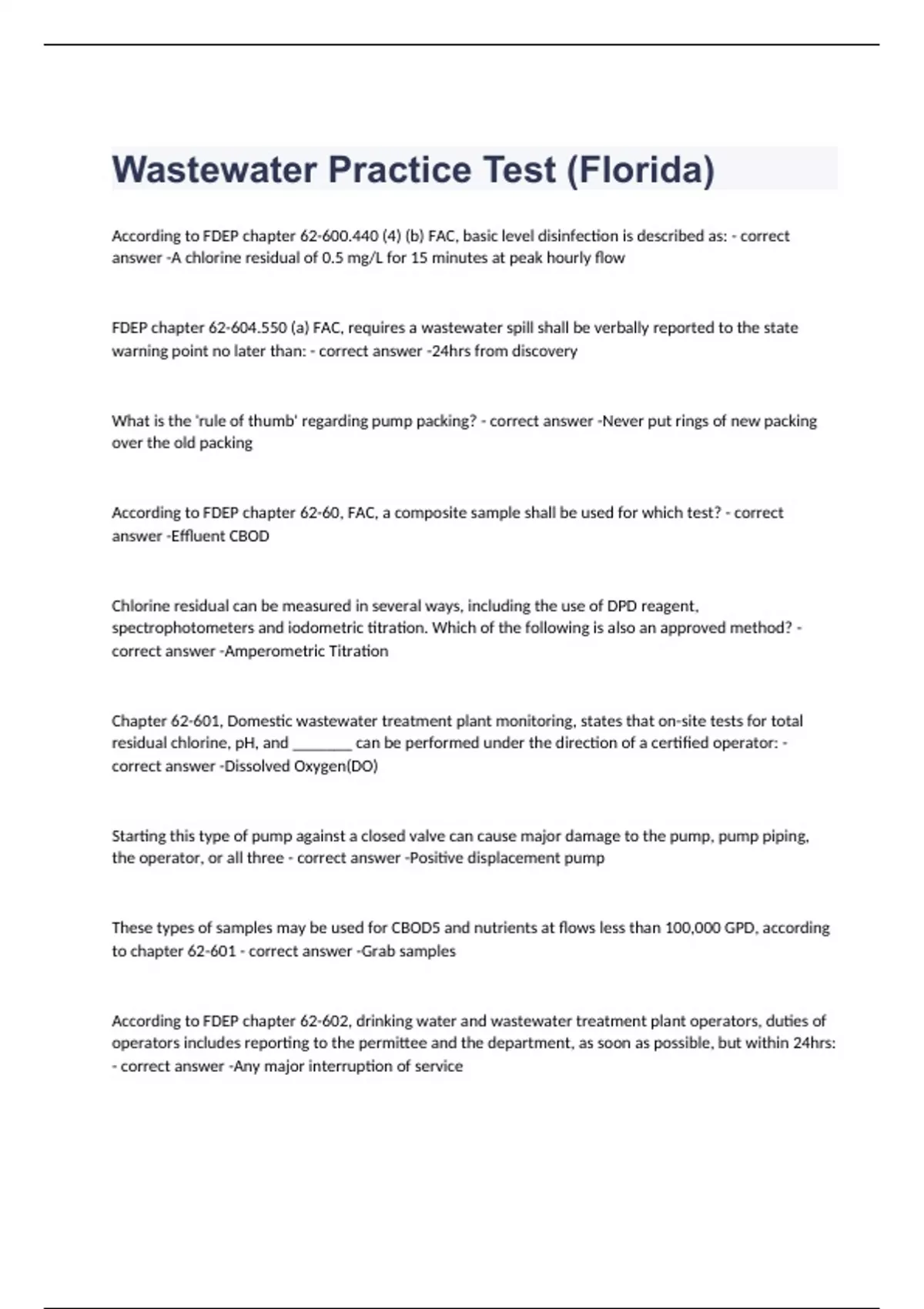 Wastewater Practice Test (Florida) exam 2023 with 100 correct answers