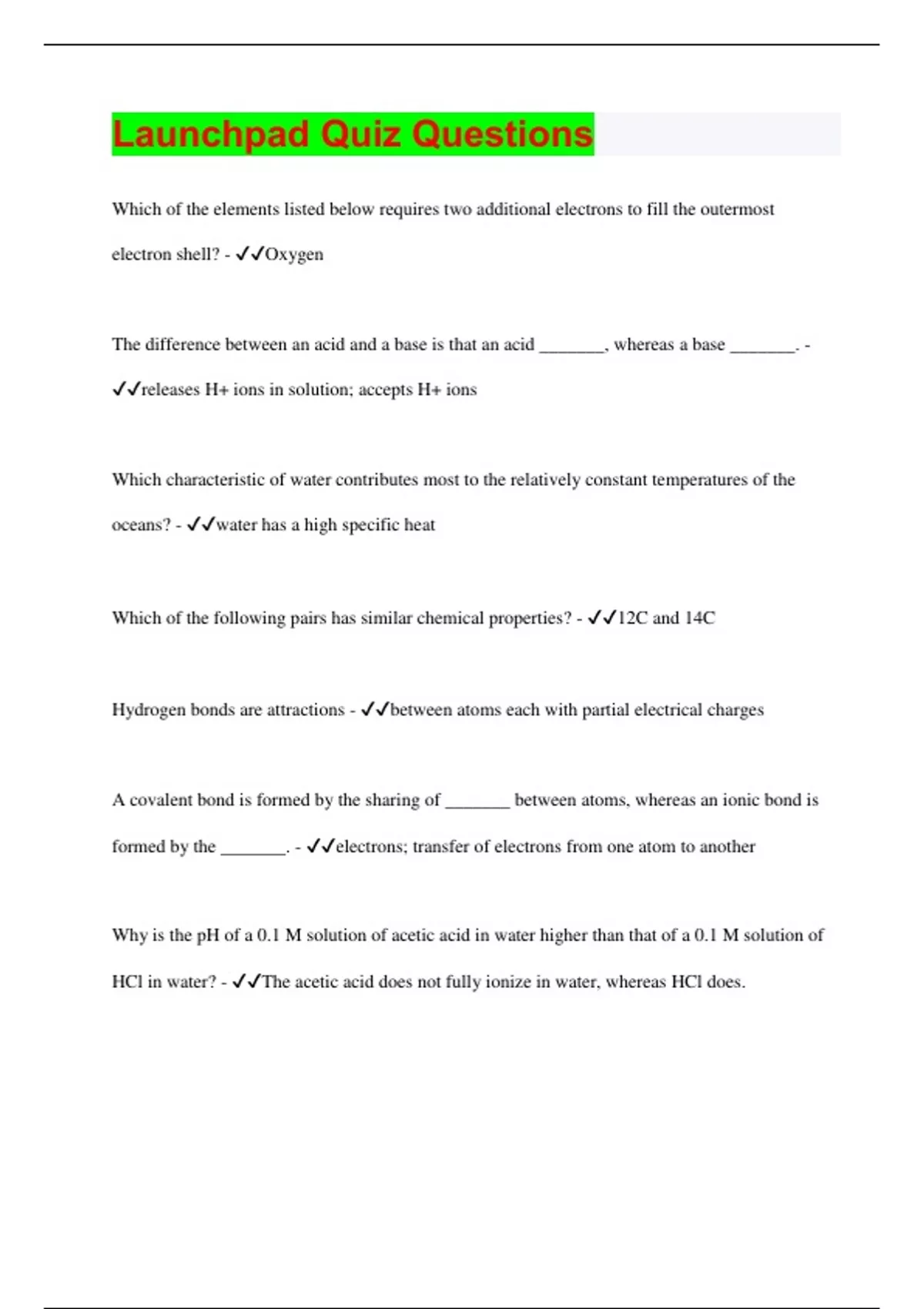 Launchpad Quiz Questions 100 Questions with 100 Correct Answers