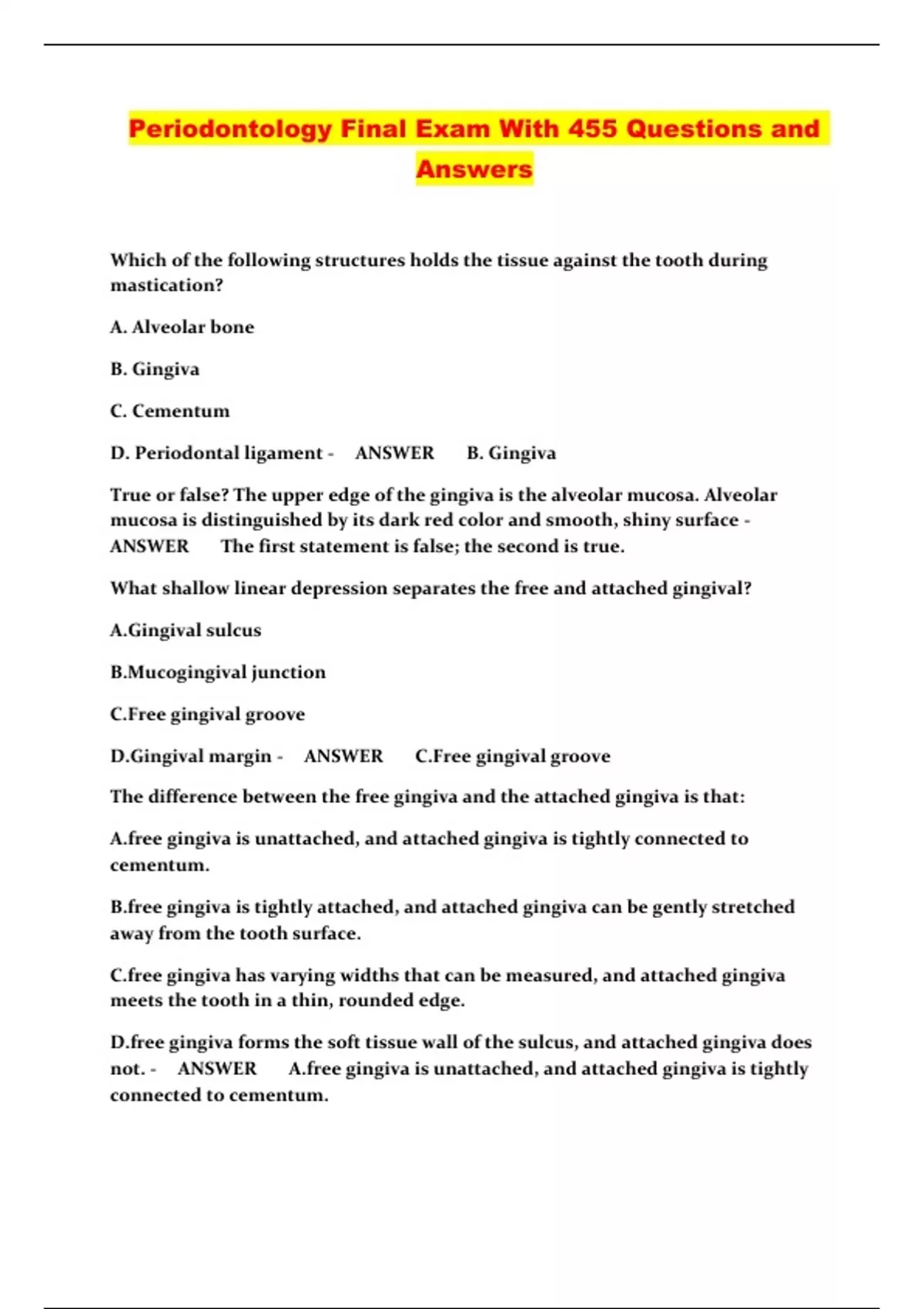 Periodontology Final Exam With 455 Questions and Answers
