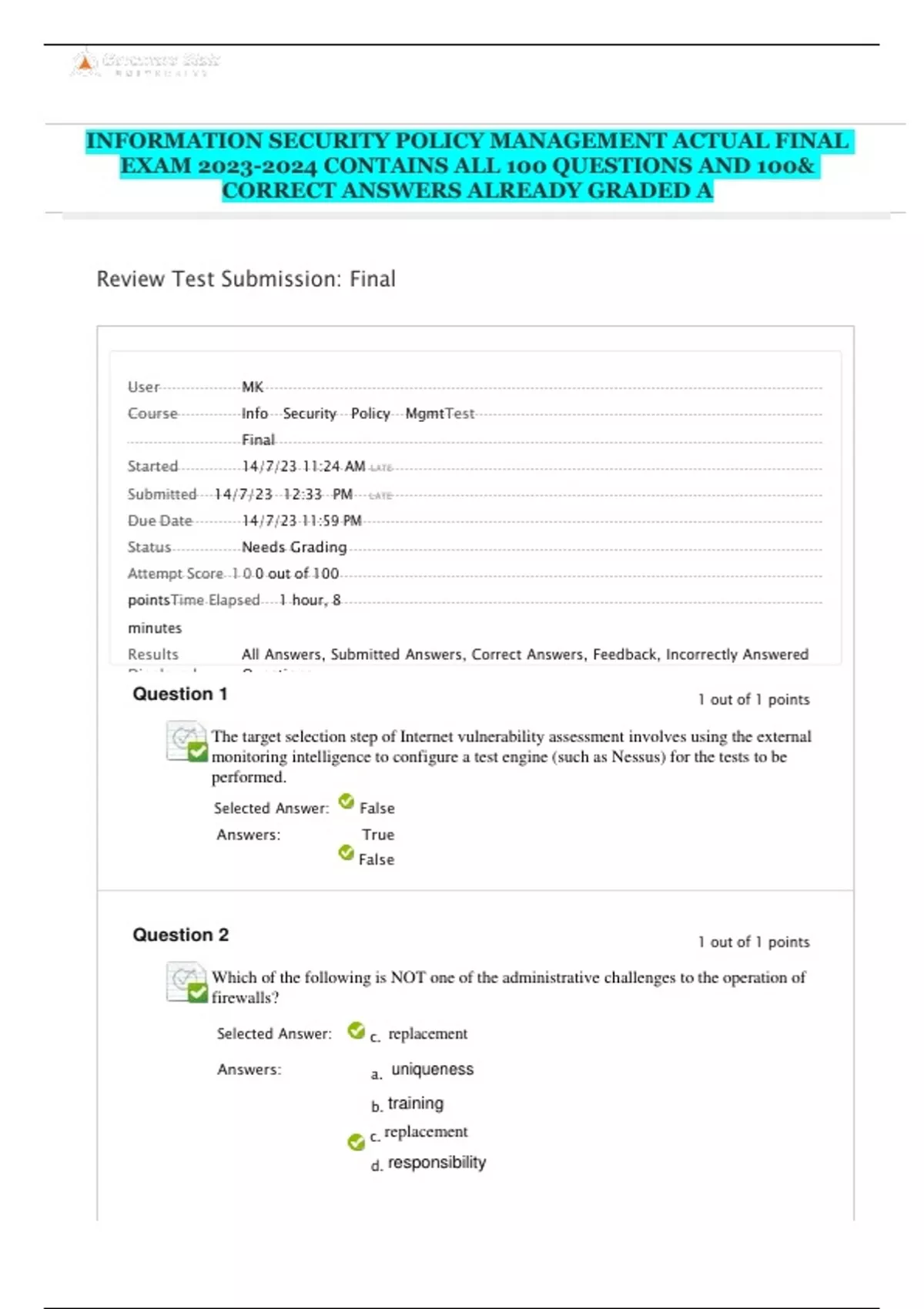 INFORMATION SECURITY POLICY MANAGEMENT ACTUAL FINAL EXAM CONTAINS ALL ...