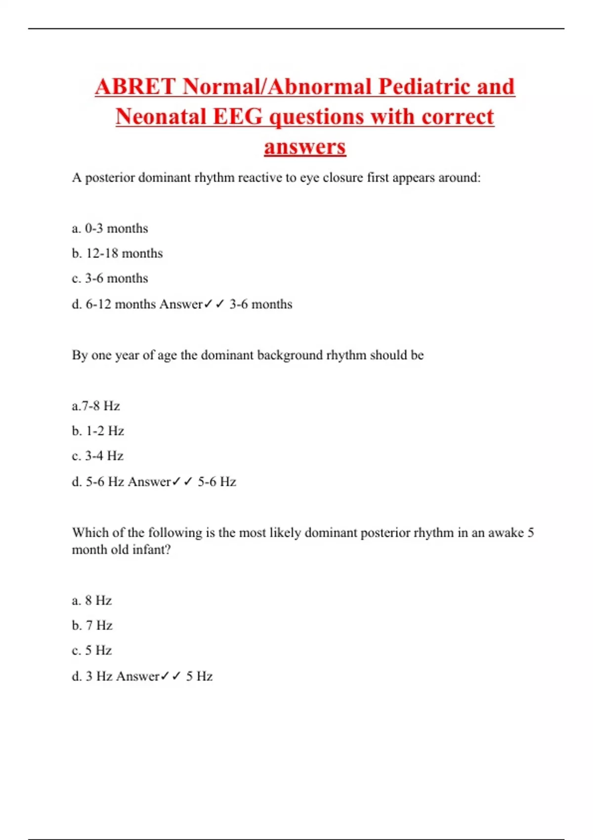 ABRET Normal/Abnormal Pediatric and Neonatal EEG questions with correct