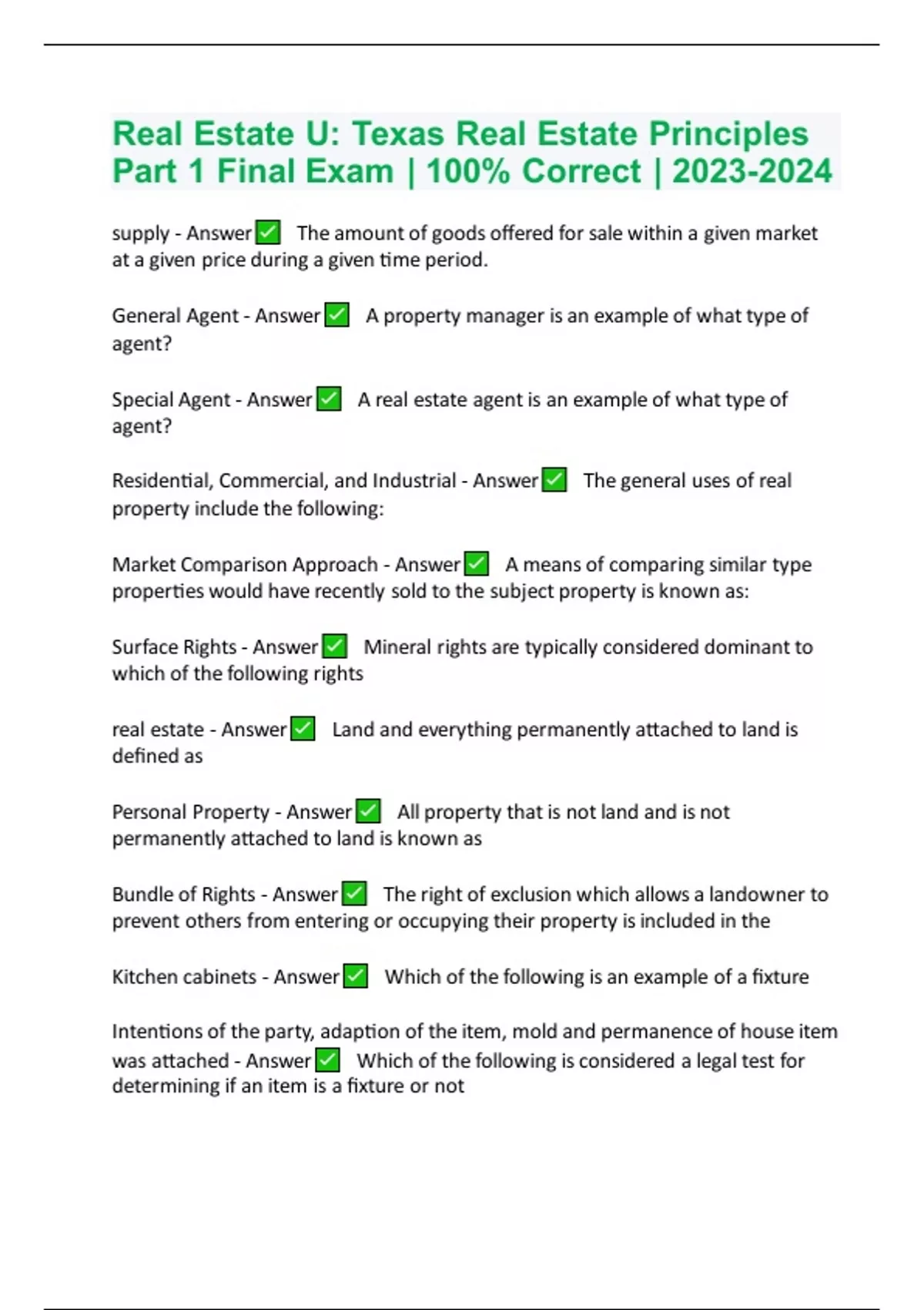 Real Estate U Texas Real Estate Principles Part 1 Final Exam 100