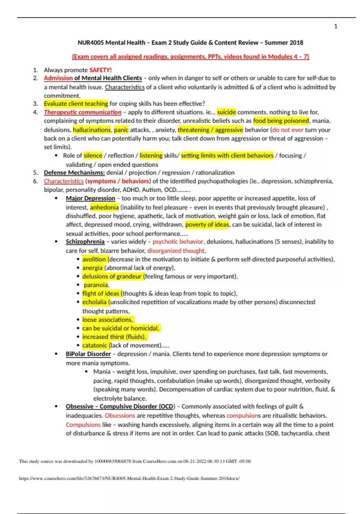 NUR4005 Mental Health – Exam 2 Study Guide & Content Review - NURSING ...