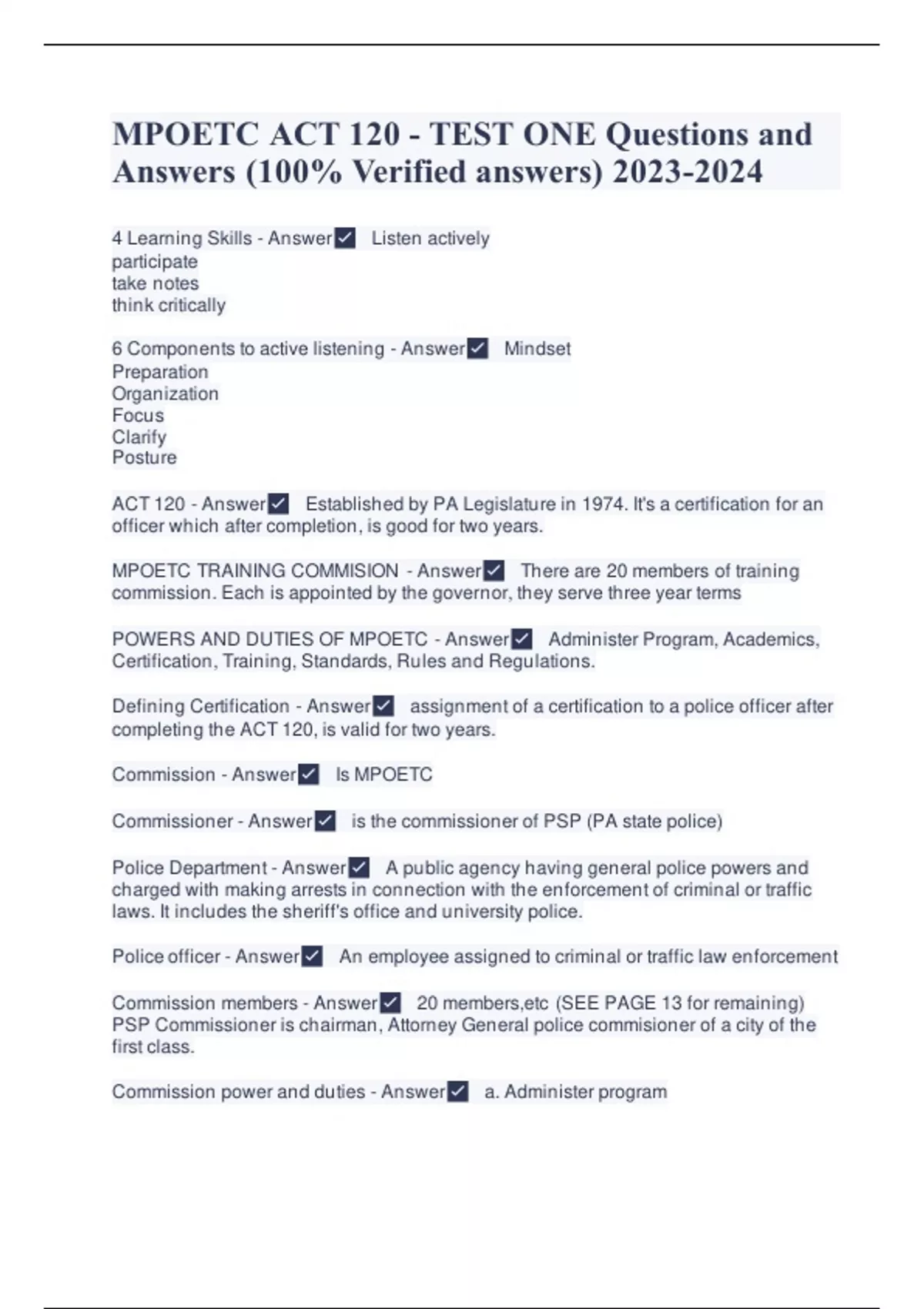 MPOETC ACT 120 TEST ONE Questions and Answers (100 Verified answers
