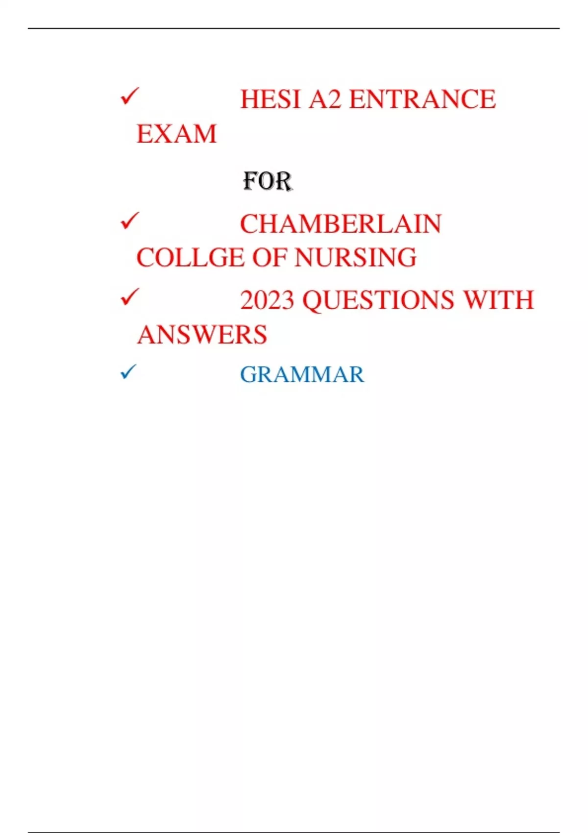 HESI A2 ENTRANCE EXAM FOR CHAMBERLAIN COLLGE OF NURSING 2023 QUESTIONS ...