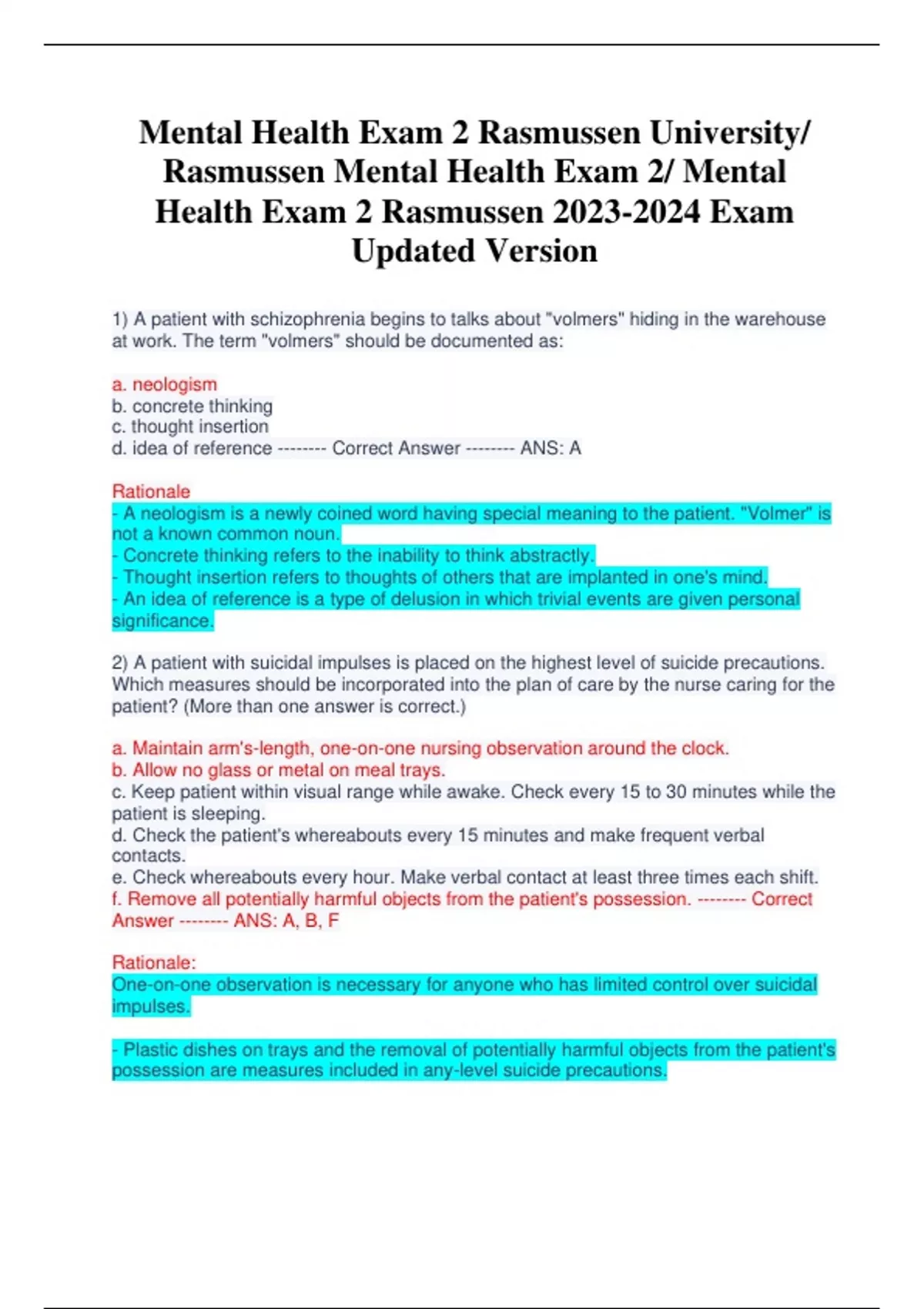 Mental Health Exam 2 Rasmussen University/ Rasmussen Mental Health Exam ...