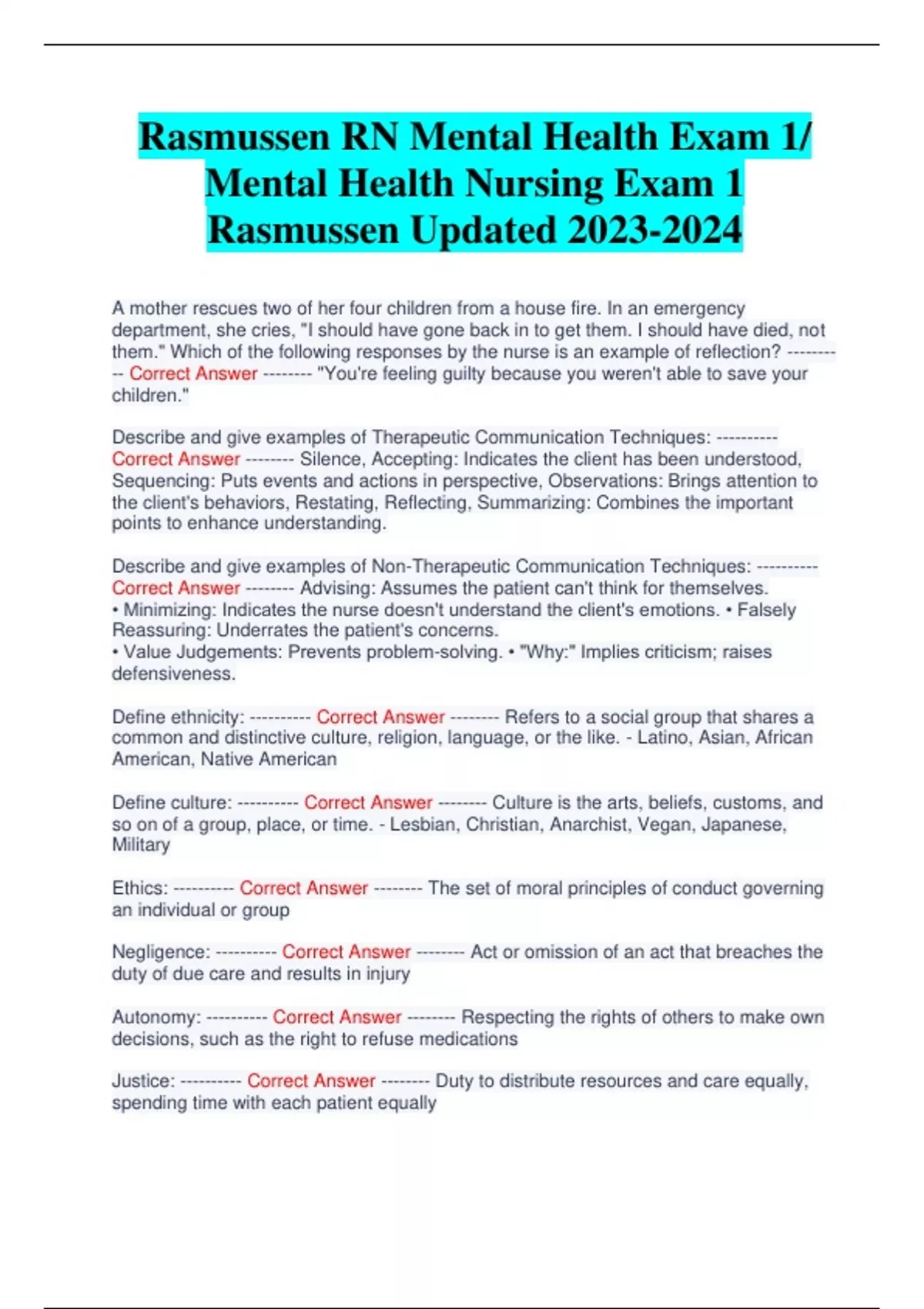 Rasmussen RN Mental Health Exam 1/ Mental Health Nursing Exam 1