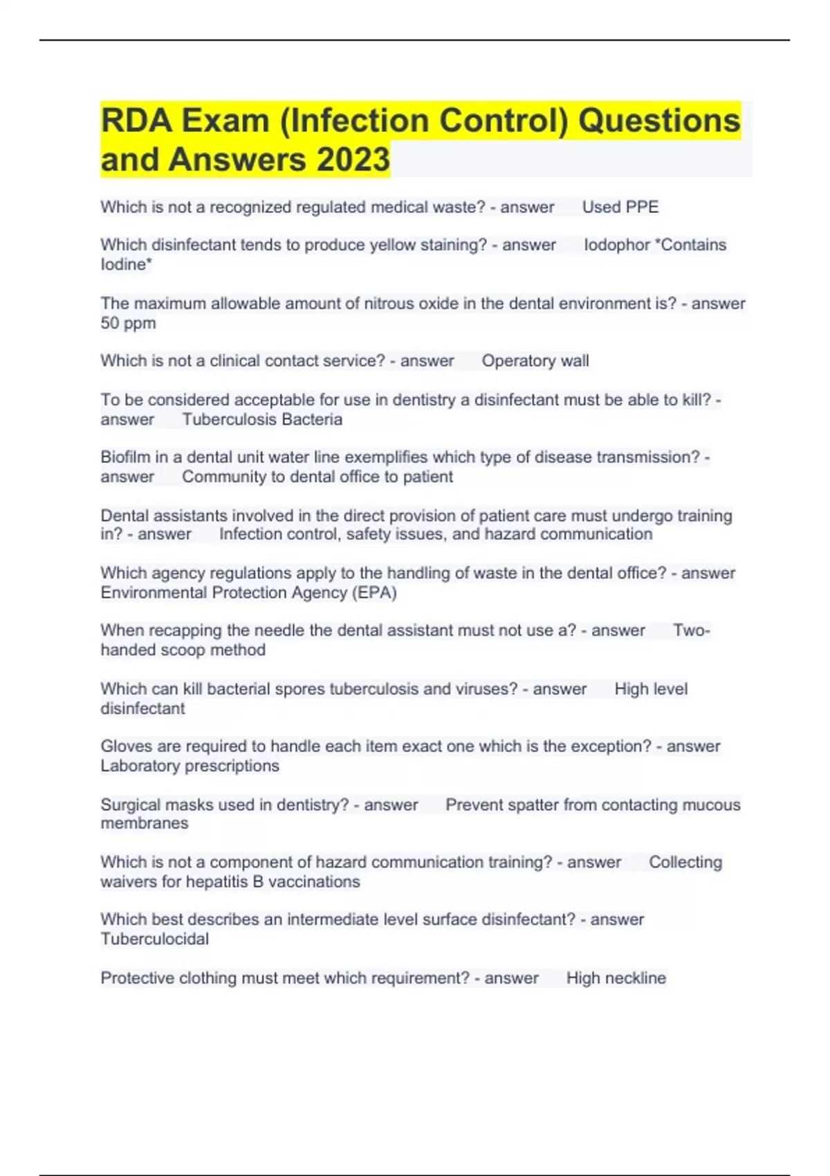 Control Questions RDA Exam (Infection Control) Questions and Answers 2023 - RDA - Stuvia US