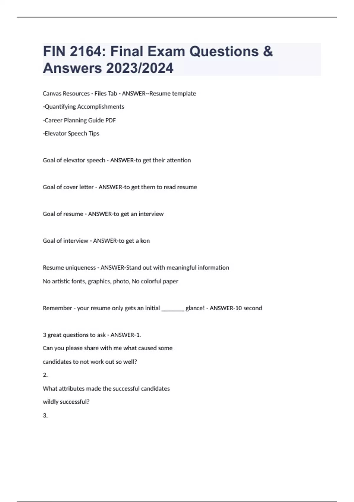 FIN 2164: Final Exam Questions & Answers 2023/2024 - FIN 2164: - Stuvia US