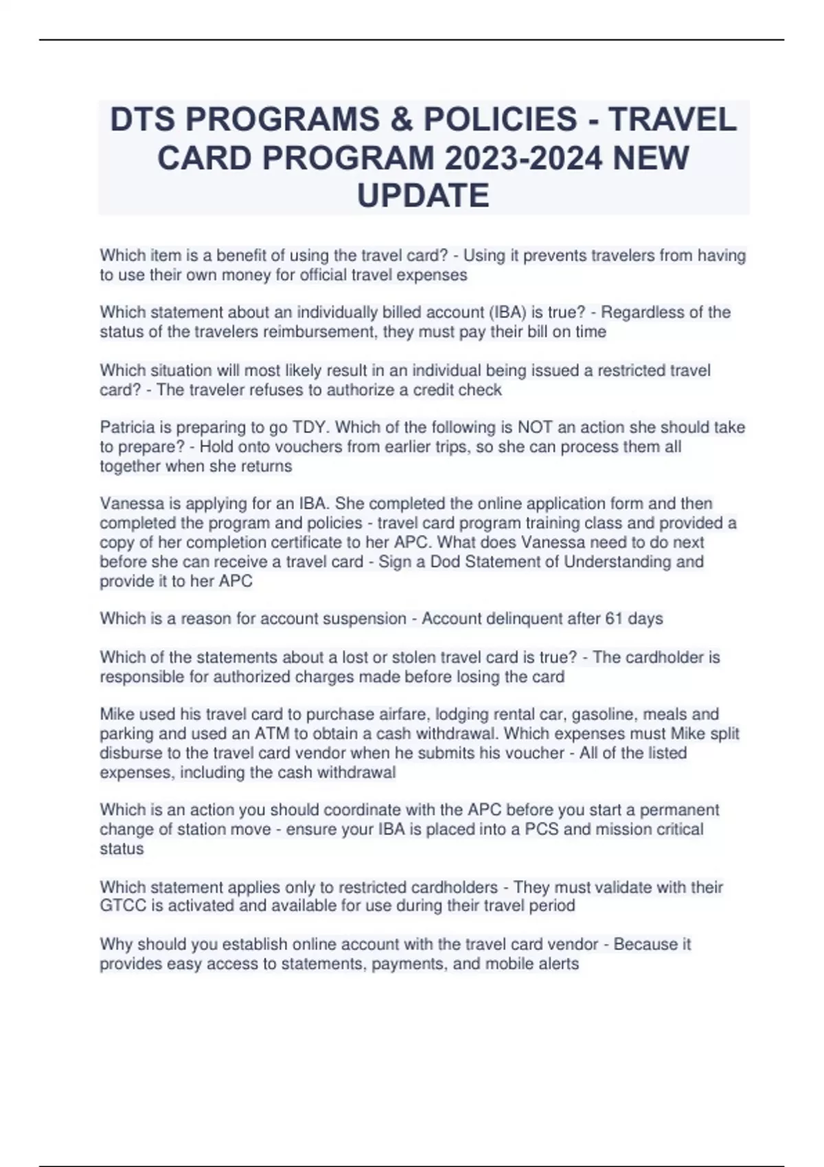 DTS PROGRAMS & POLICIES TRAVEL CARD PROGRAM NEW UPDATE DTS PROGRAMS