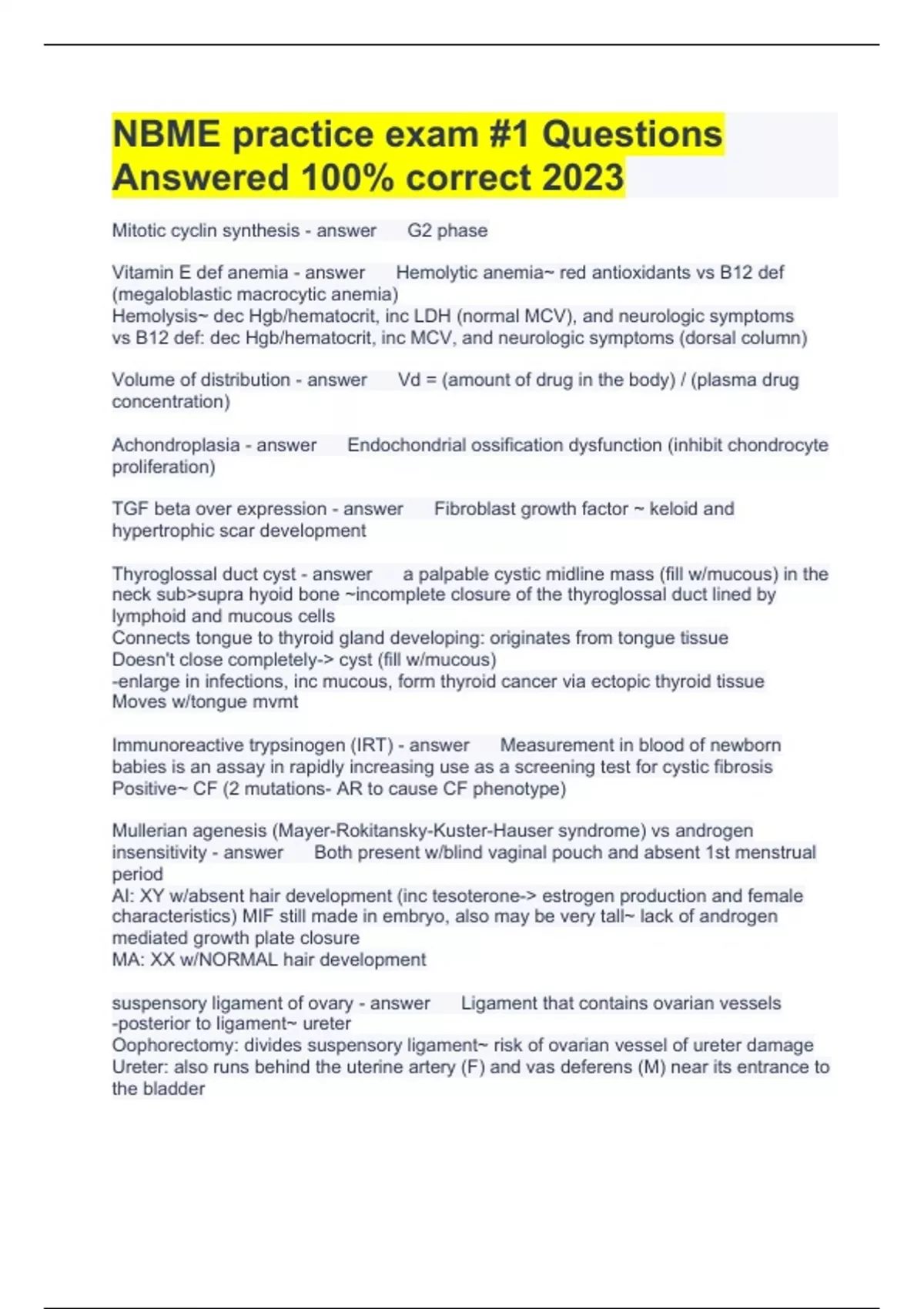 NBME practice exam 1 Questions Answered 100 correct 2023 NBME