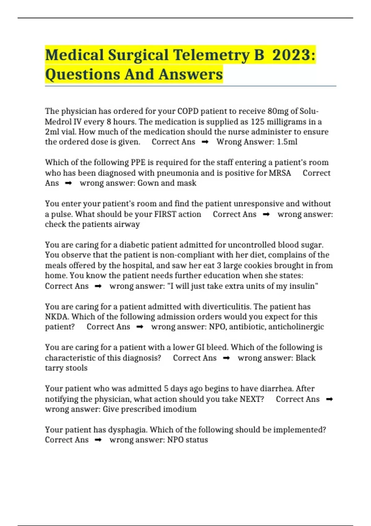 Medical Surgical Telemetry B 2023 Questions And Answers Medical