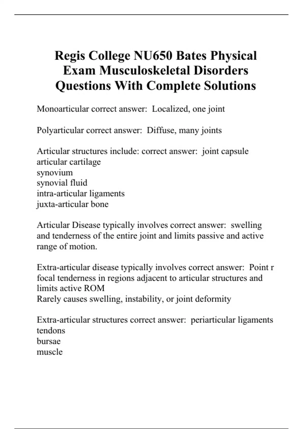 Regis College NU650 Bates Physical Exam Musculoskeletal Disorders
