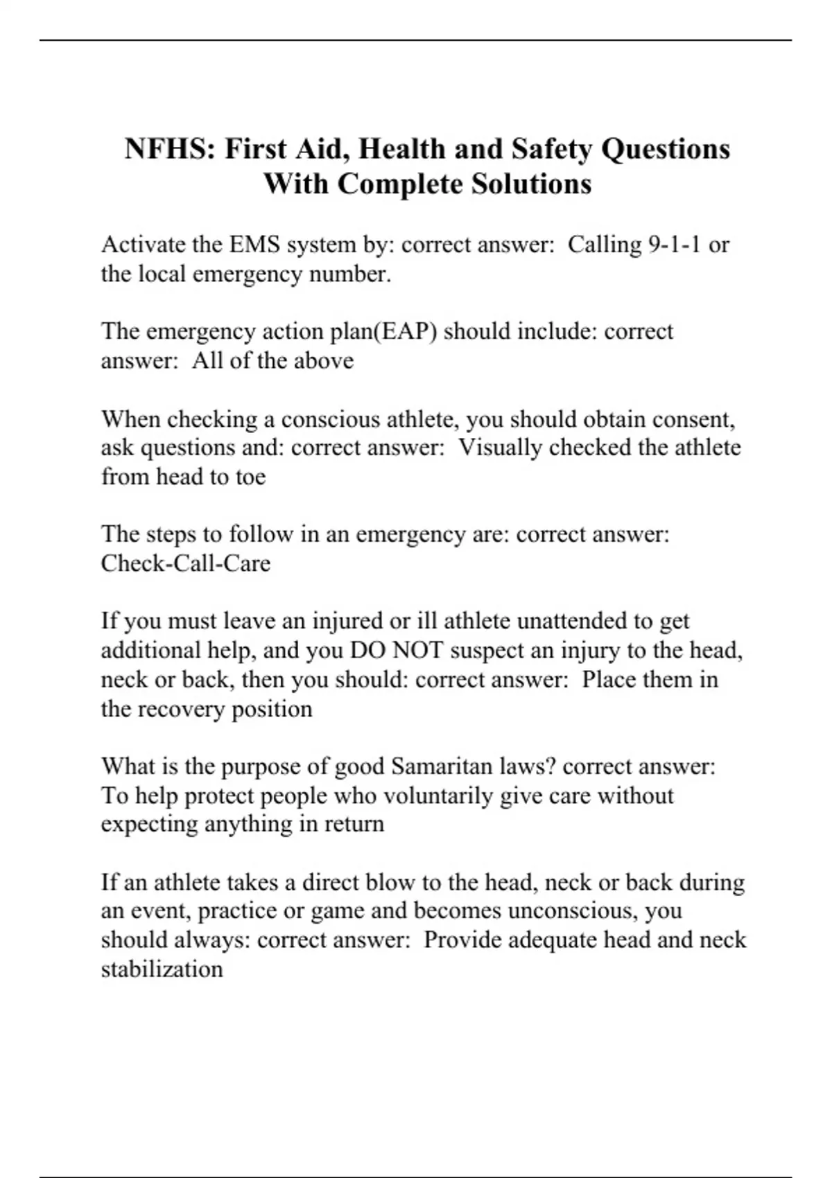 NFHS First Aid, Health and Safety Questions With Complete Solutions NFHS Stuvia US