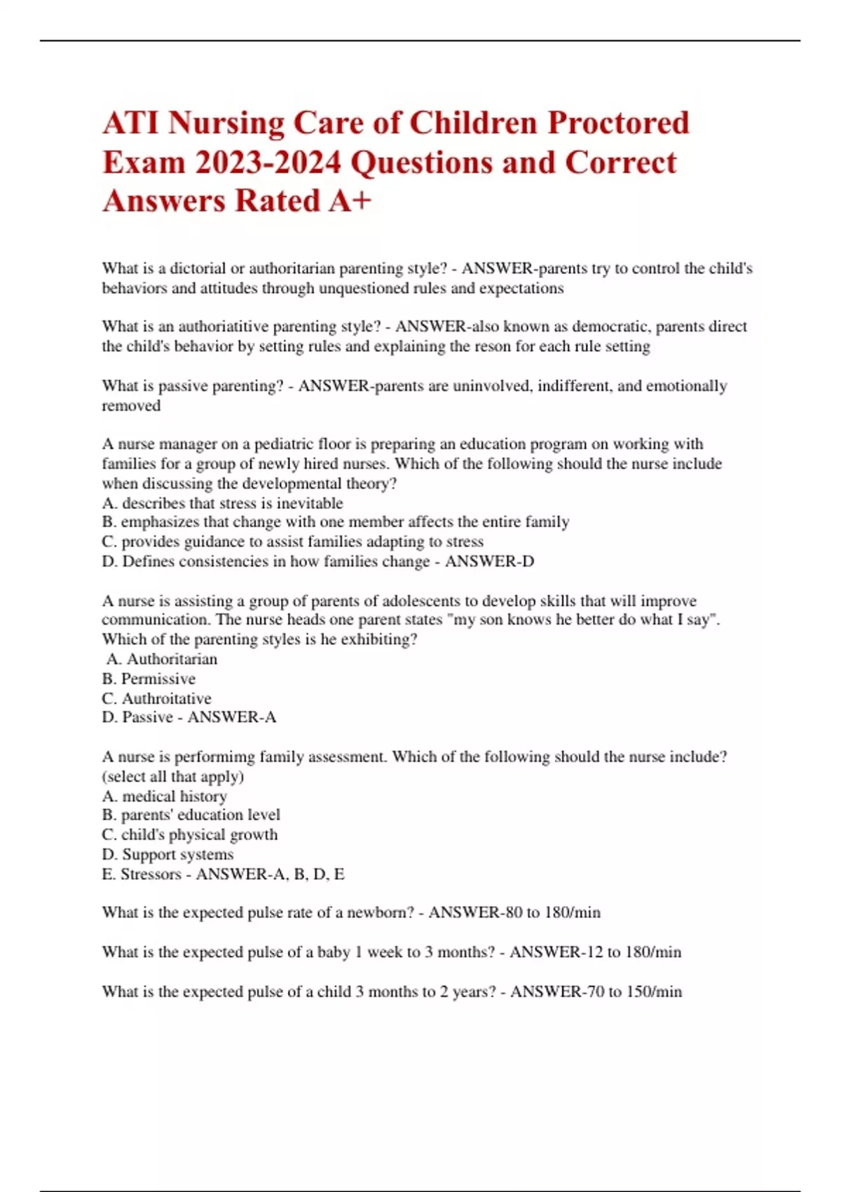 ATI Nursing Care of Children Proctored Exam Questions and Correct ...