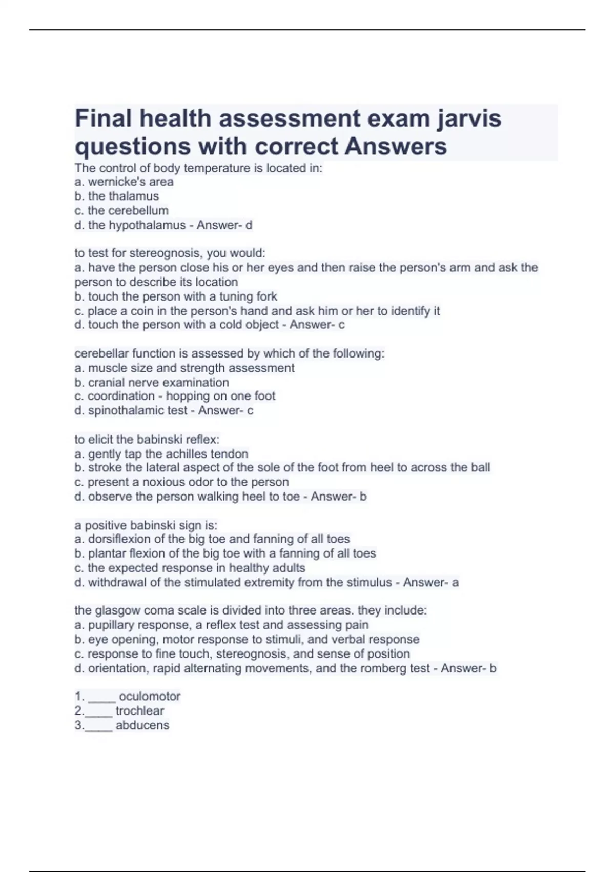 Final health assessment exam jarvis questions with correct Answers Jarvis Stuvia US
