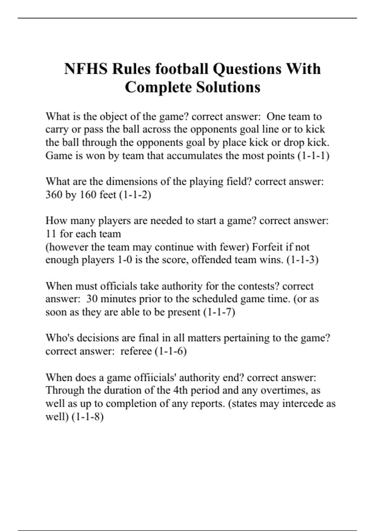 NFHS Rules football Questions With Complete Solutions NFHS Rules