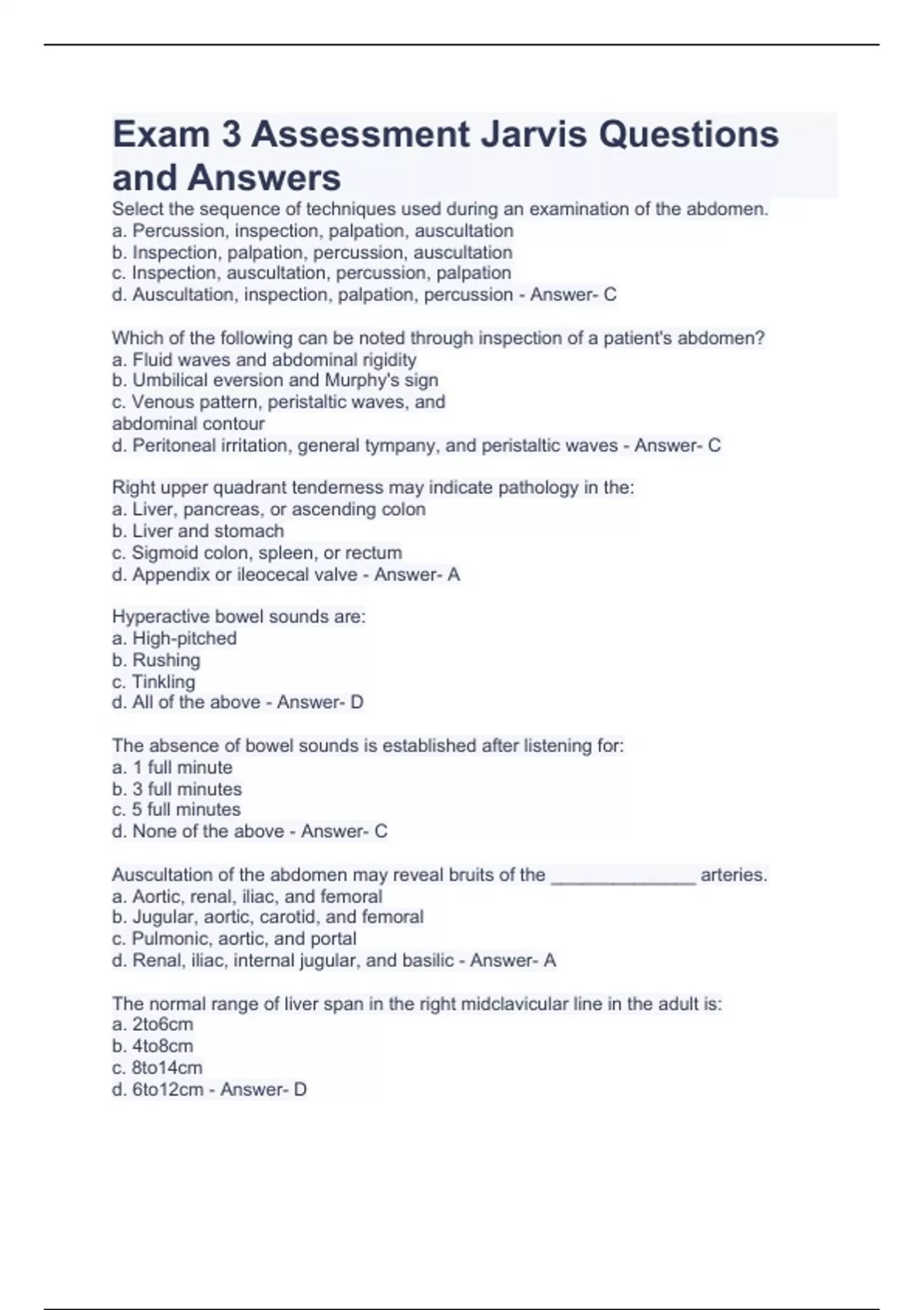 Exam 3 Assessment Jarvis Questions and Answers Jarvis Stuvia US
