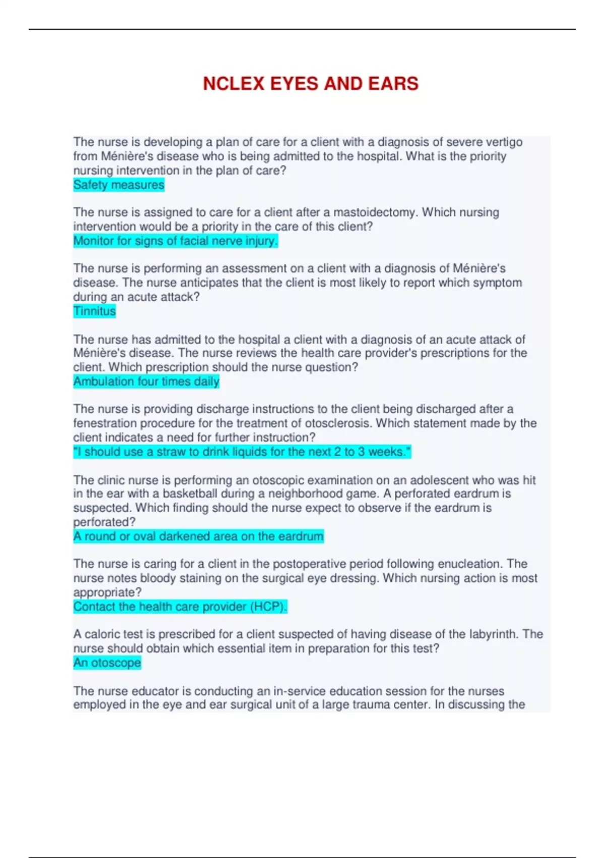 NCLEX EYES AND EARS Questions with verified Answers, A Grade Nclex