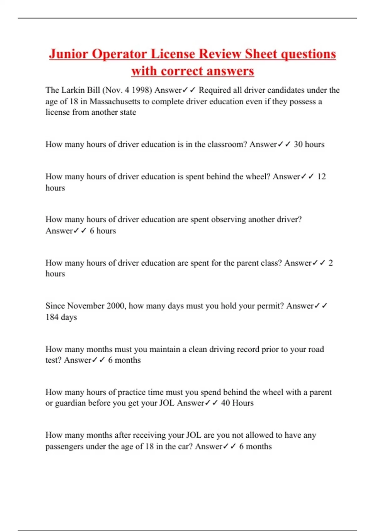 Junior Operator License Review Sheet questions with correct answers