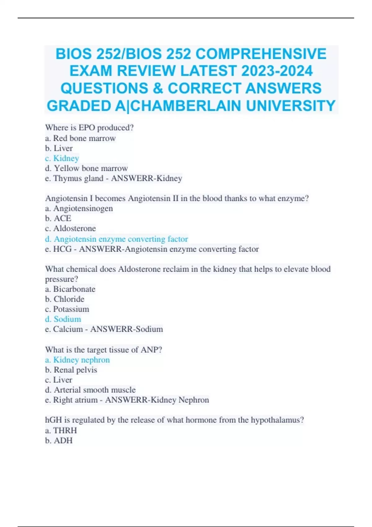 BIOS 252/BIOS 252 COMPREHENSIVE EXAM REVIEW LATEST QUESTIONS & CORRECT ...