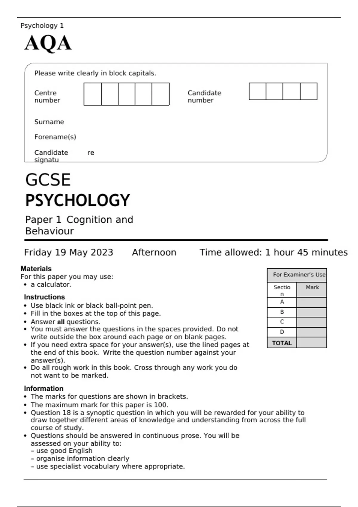 AQA GCSE PSYCHOLOGY Paper 1 and 2 JUNE 2023 QUESTION PAPERS AND MARK ...