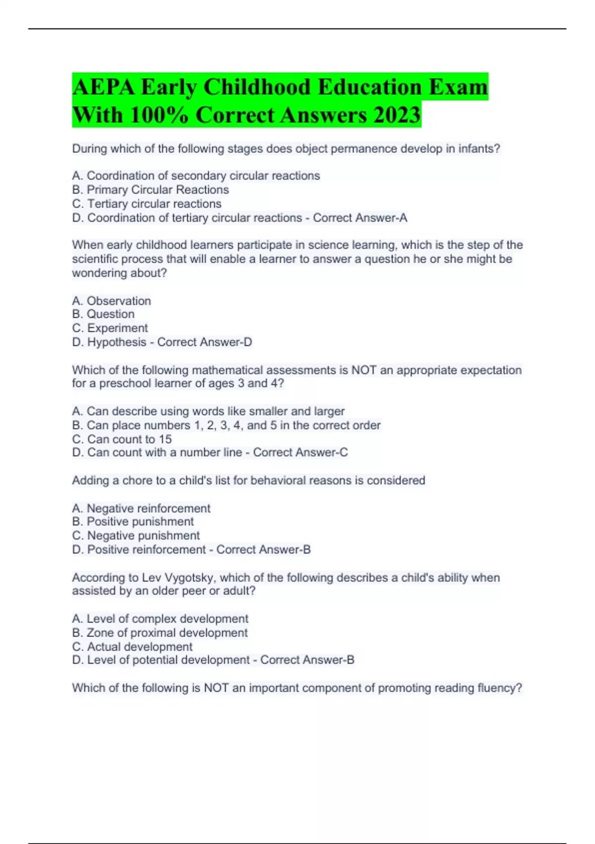 AEPA Early Childhood Education Exam With 100% Correct Answers 2023 ...