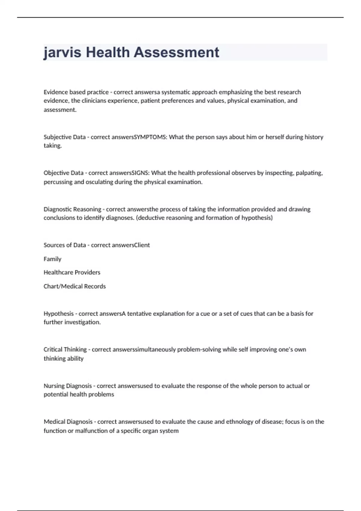 jarvis Health Assessment exam 2023 with 100% correct answers - Jarvis ...