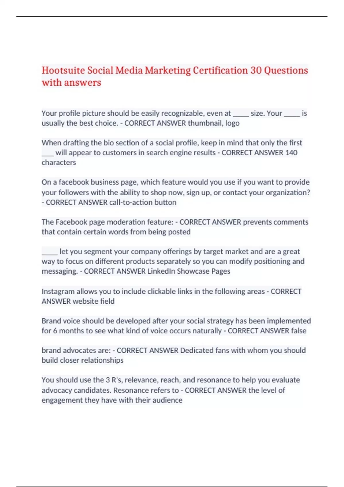 Hootsuite Social Media Marketing Certification 30 Questions with