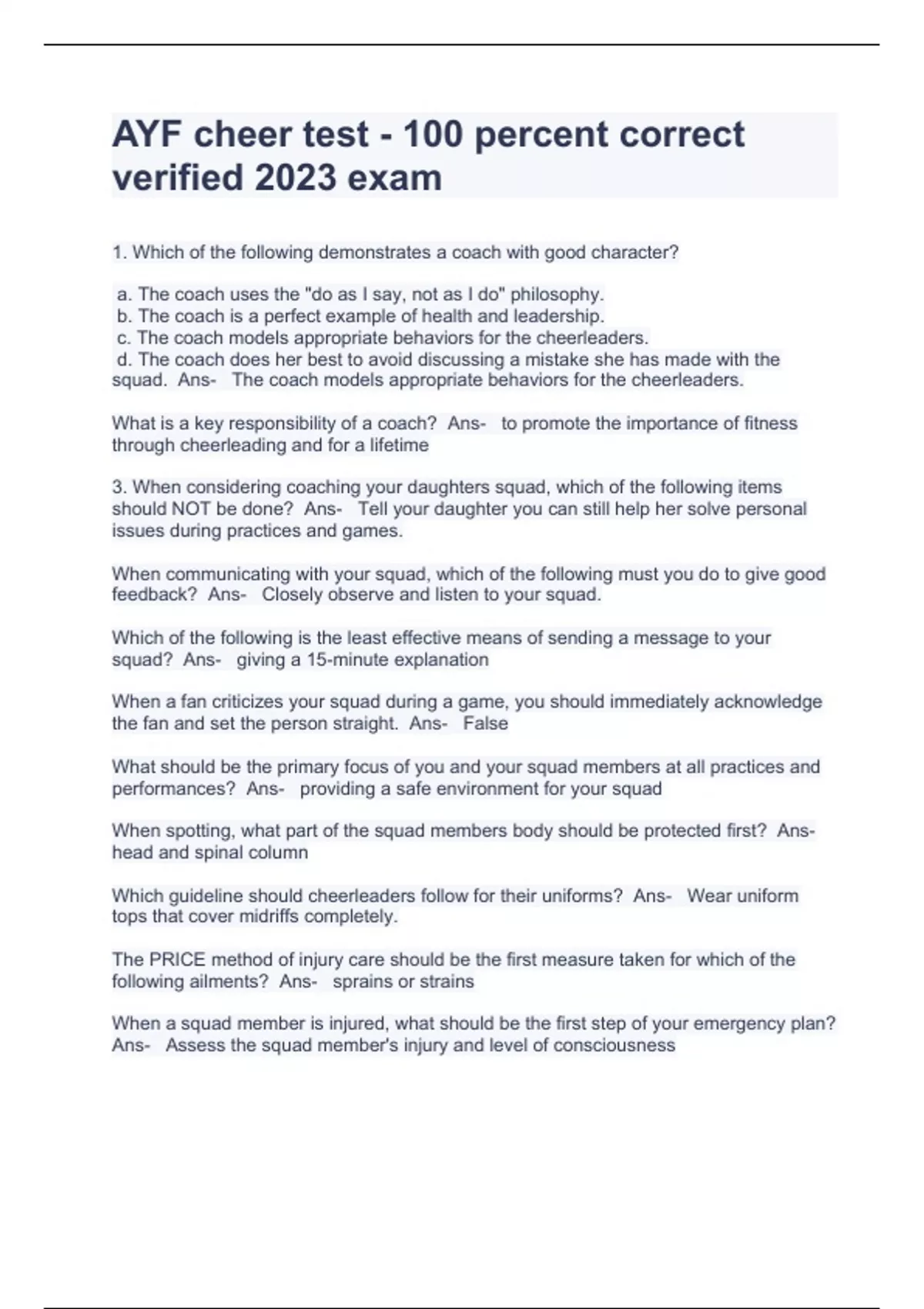 AYF cheer test 100 percent correct verified 2023 exam Cheer Stuvia US