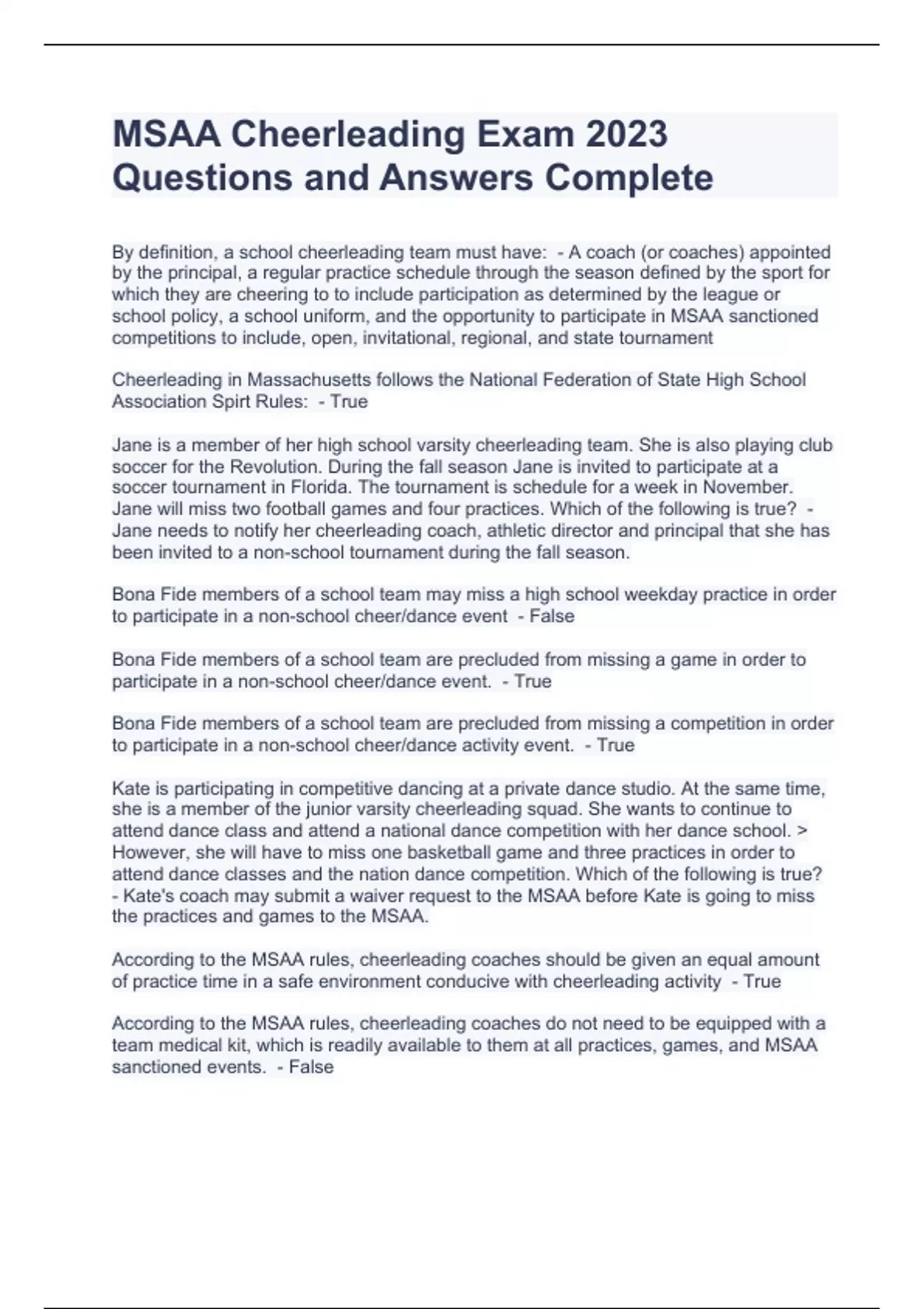 MSAA Cheerleading Exam 2023 Questions and Answers Complete Cheer