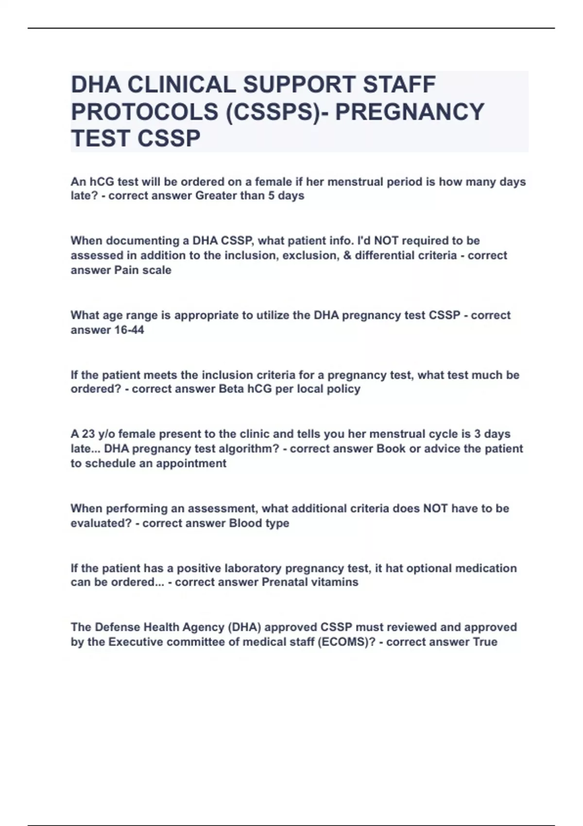DHA CLINICAL SUPPORT STAFF PROTOCOLS (CSSPS) PREGNANCY TEST CSSP