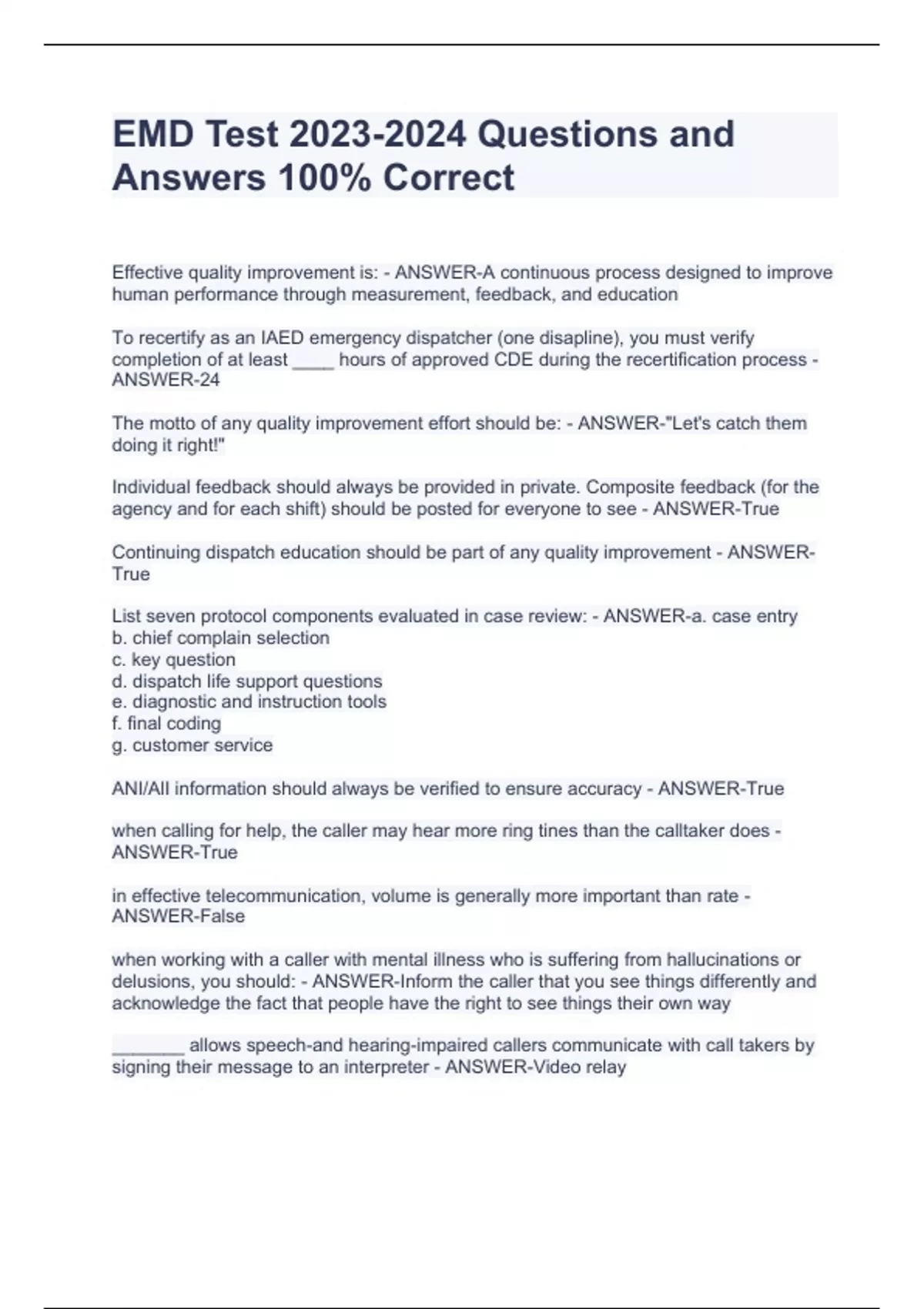 EMD Test Questions and Answers 100 Correct EMD Emergency Medical Dispatcher Stuvia US