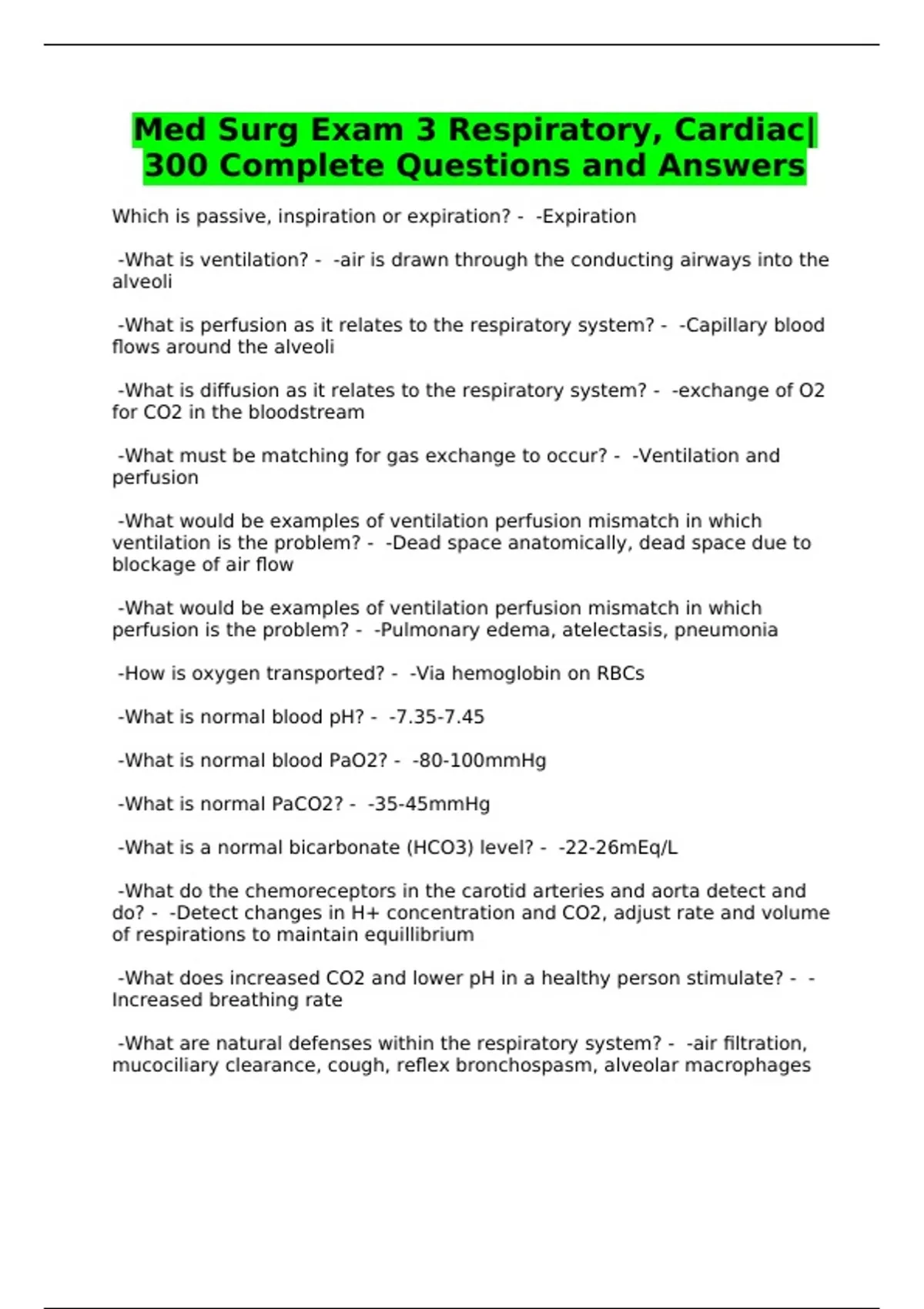 Med Surg Exam 3 Respiratory, Cardiac|300 Complete Questions and Answers ...