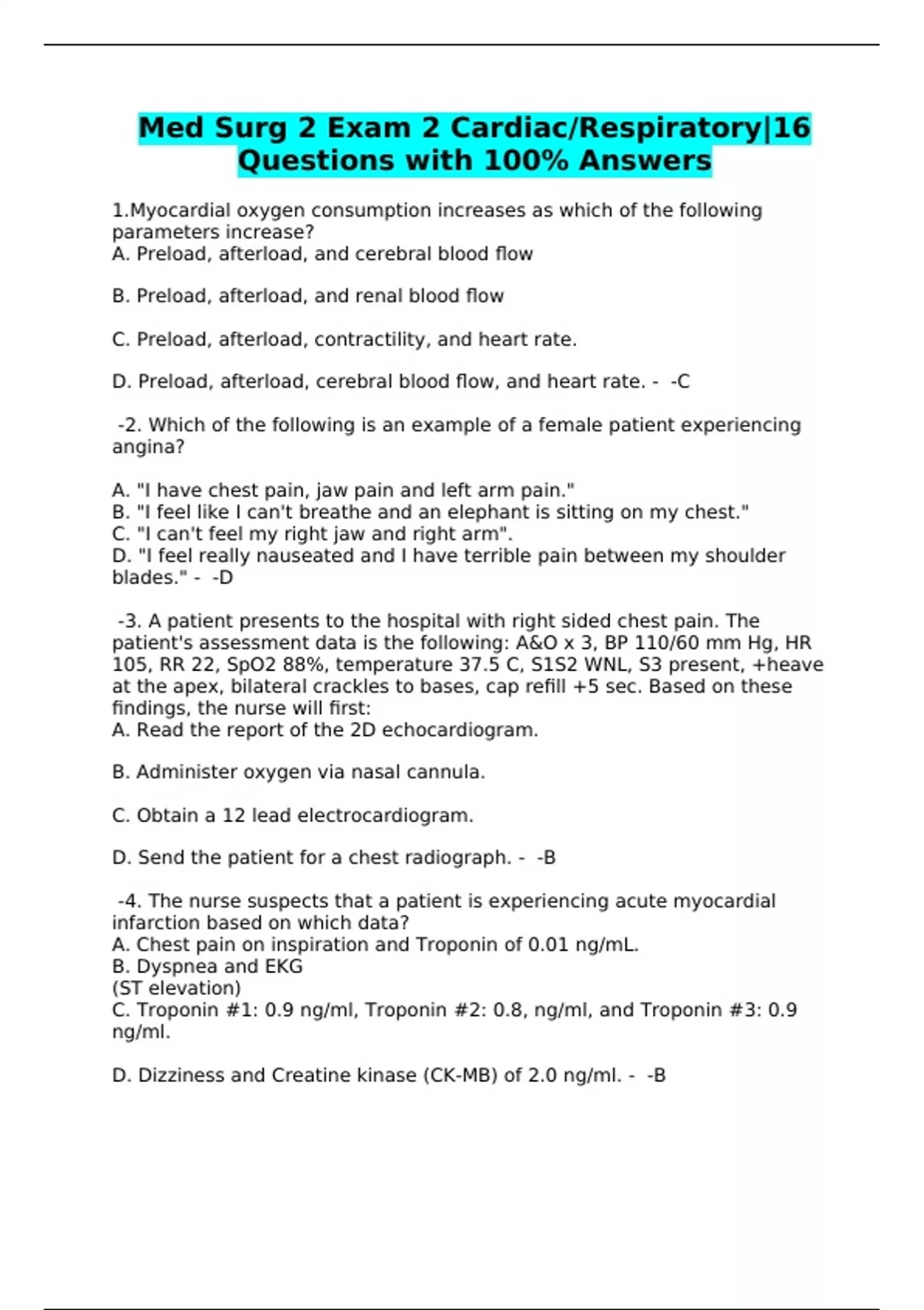 Med Surg 2 Exam 2 Cardiac/Respiratory|16 Questions with 100% Answers ...