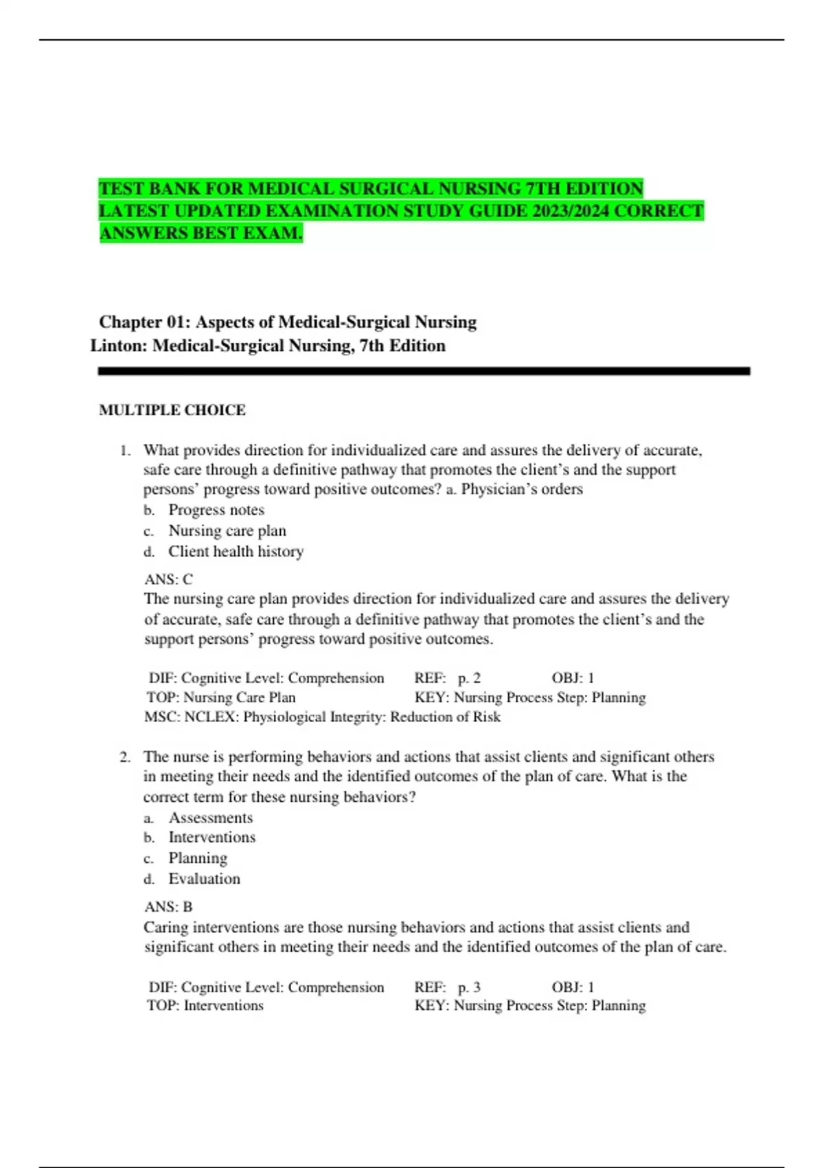 TEST BANK FOR MEDICAL SURGICAL NURSING 7TH EDITION LATEST UPDATED ...