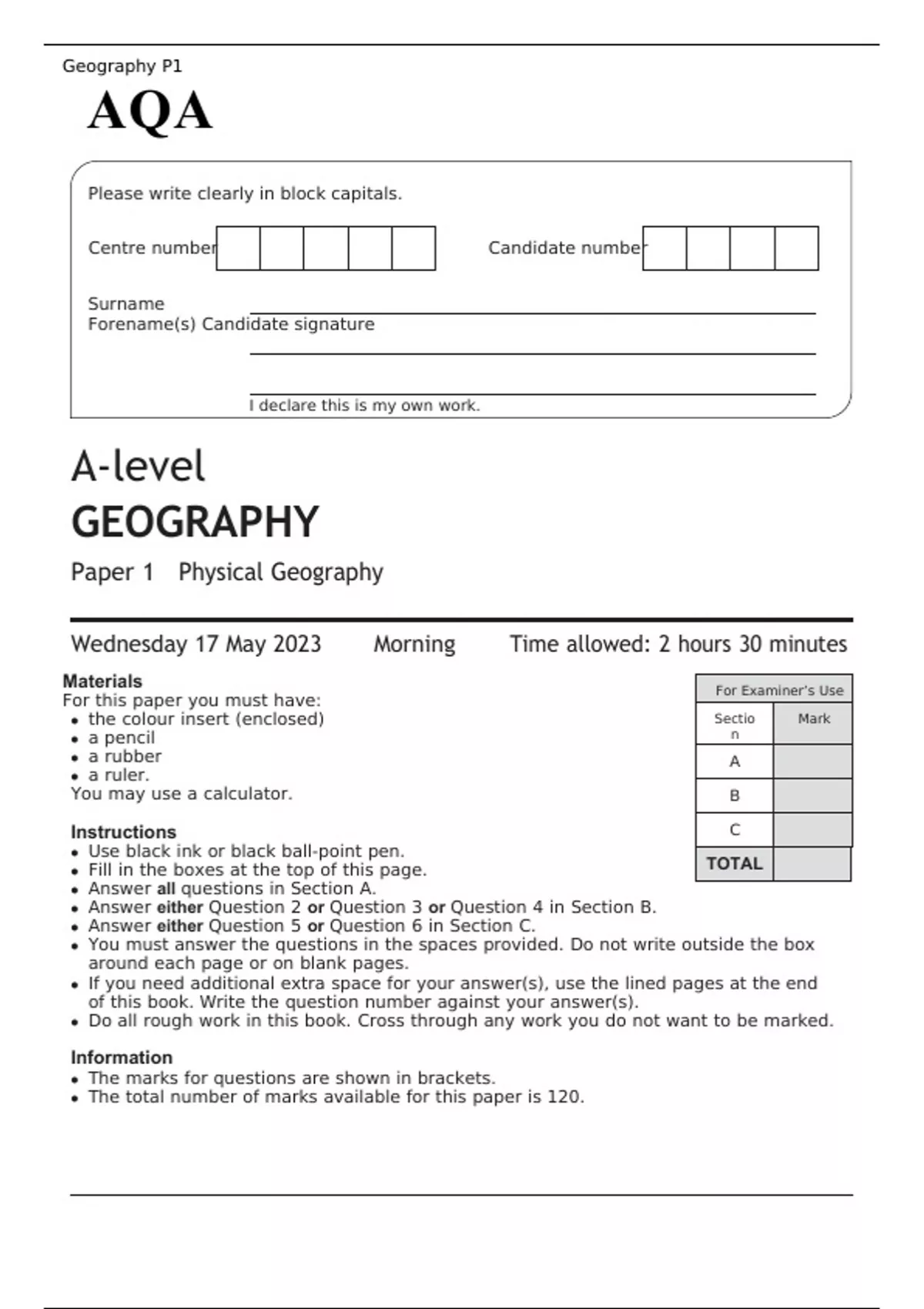 Aqa A Level Geography Paper 1 May 2023 Question Paper And Mark Scheme