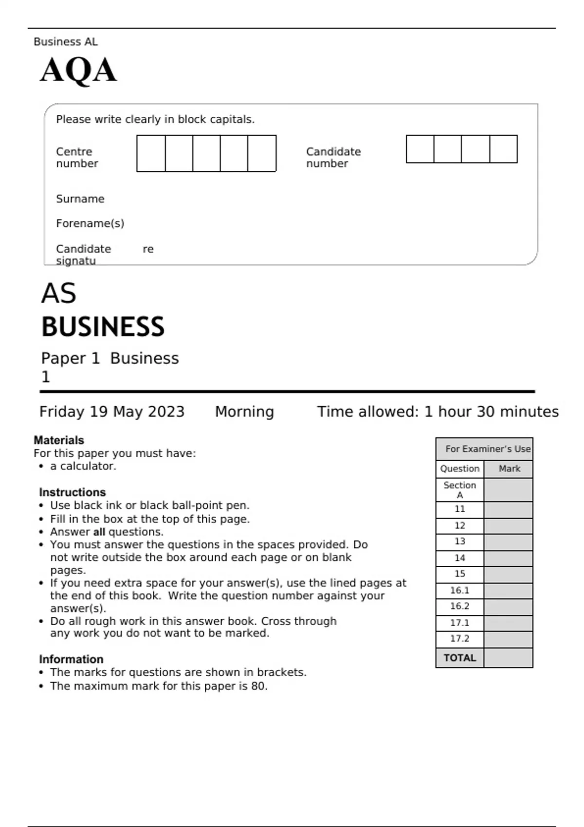 AQA AS BUSINESS Paper 1 MAY 2023 QUESTION PAPER AS BUSINESS Paper 1 Stuvia US