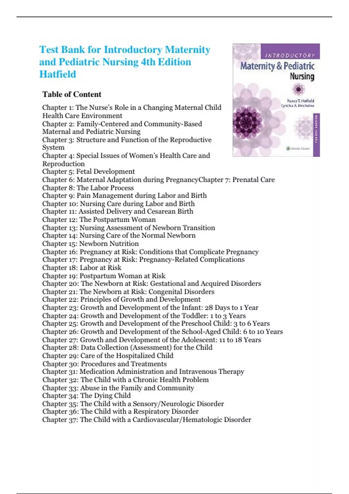 Test Bank for Introductory Maternity and Pediatric Nursing 4th Edition