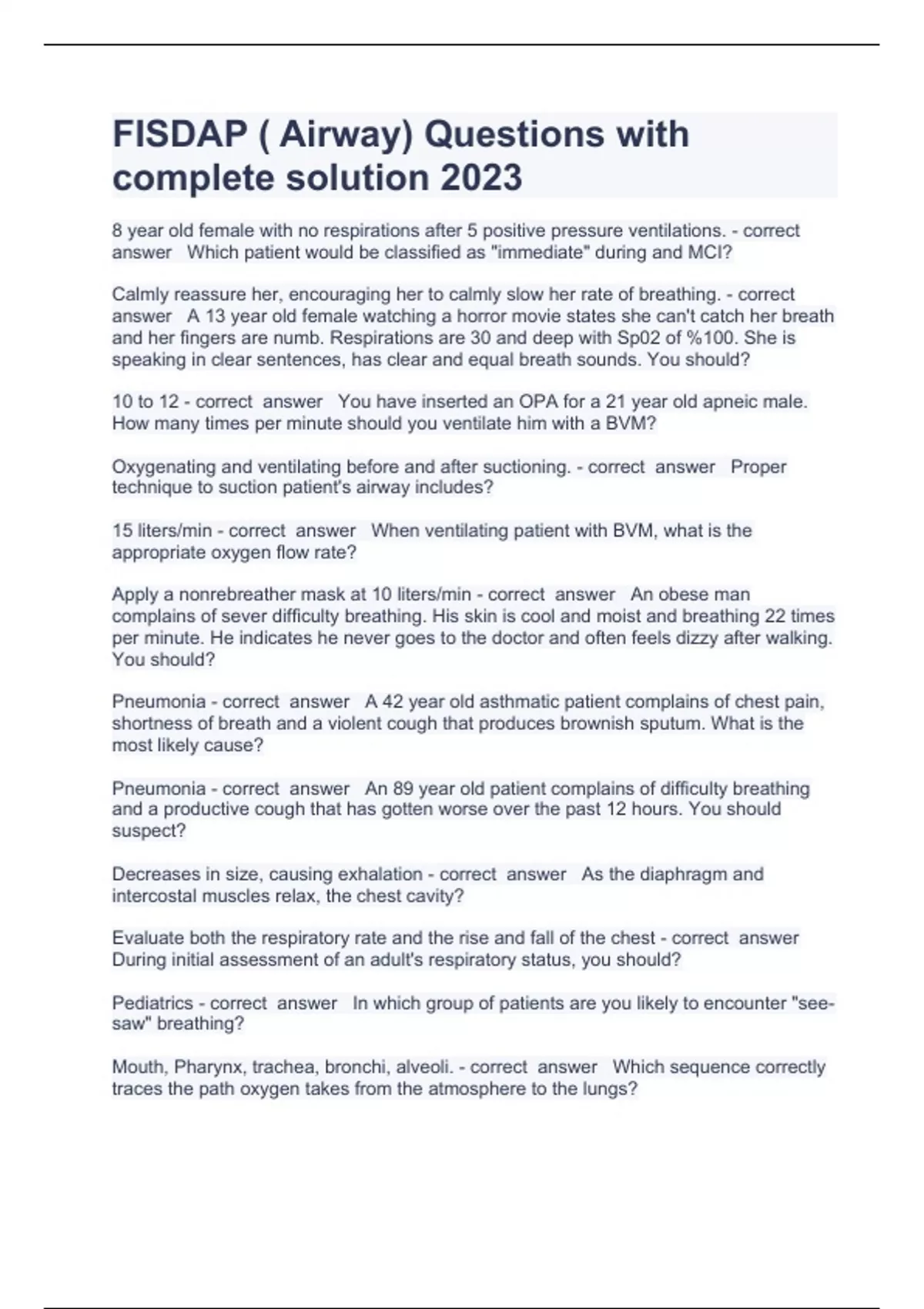 FISDAP ( Airway) Questions with complete solution 2023 FISDAP Stuvia US