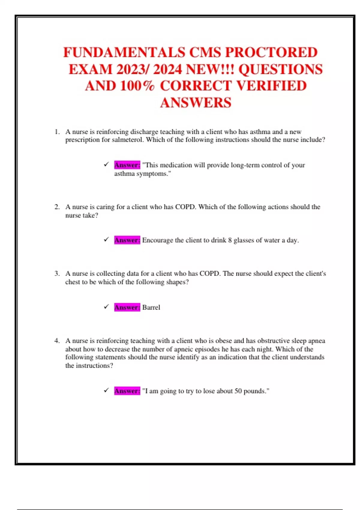 FUNDAMENTALS CMS PROCTORED EXAM 2023/ 2024 NEW!!! QUESTIONS AND 100% ...