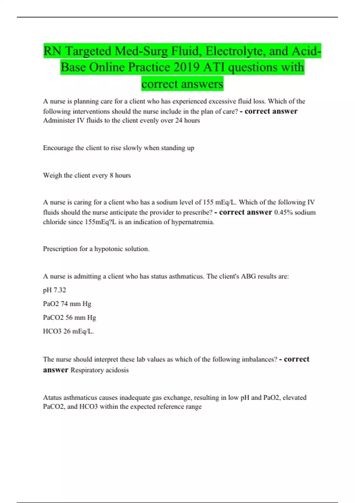 RN Targeted MedSurg Fluid, Electrolyte, and AcidBase Online Practice