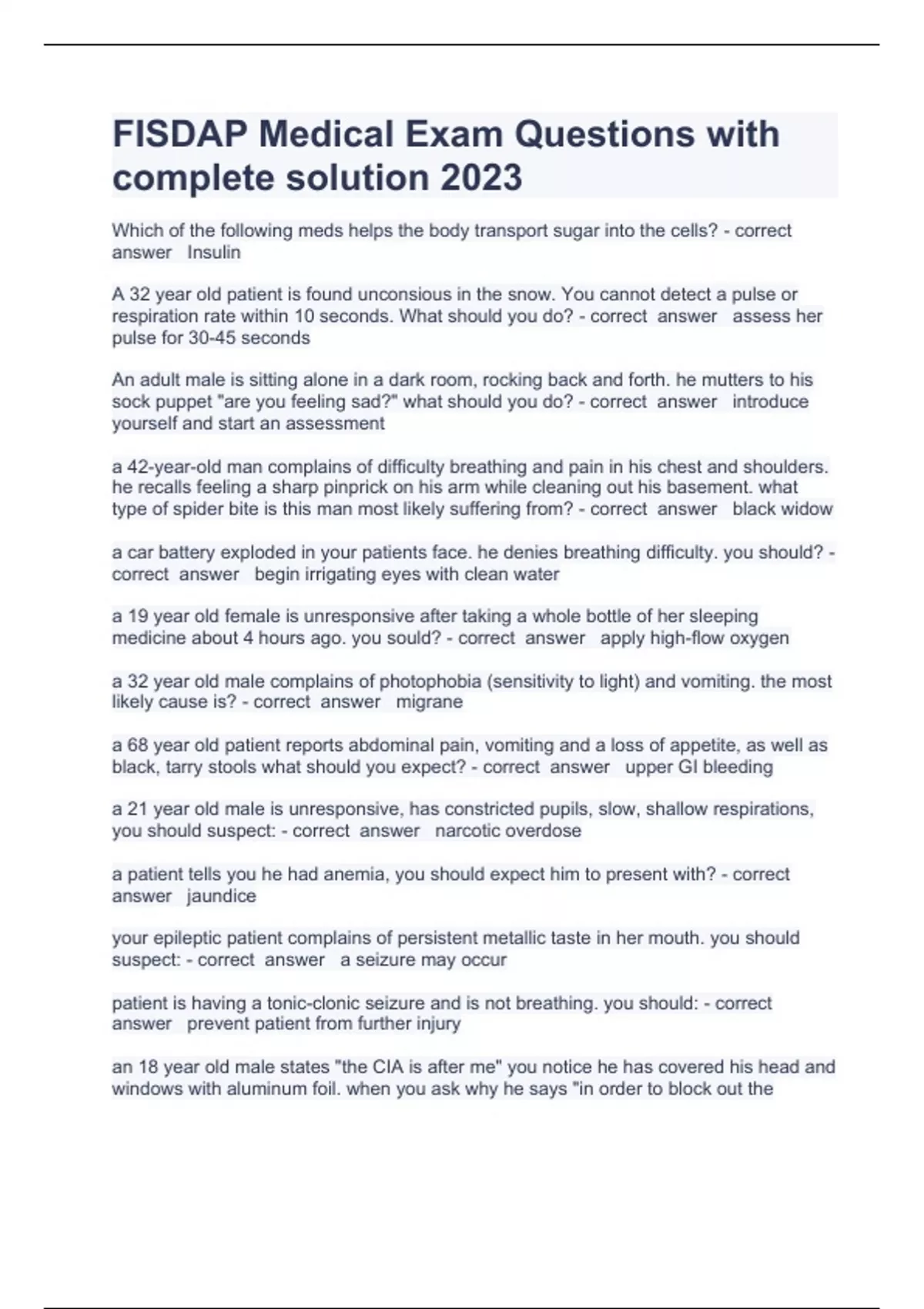 FISDAP Medical Exam Questions with complete solution 2023 FISDAP