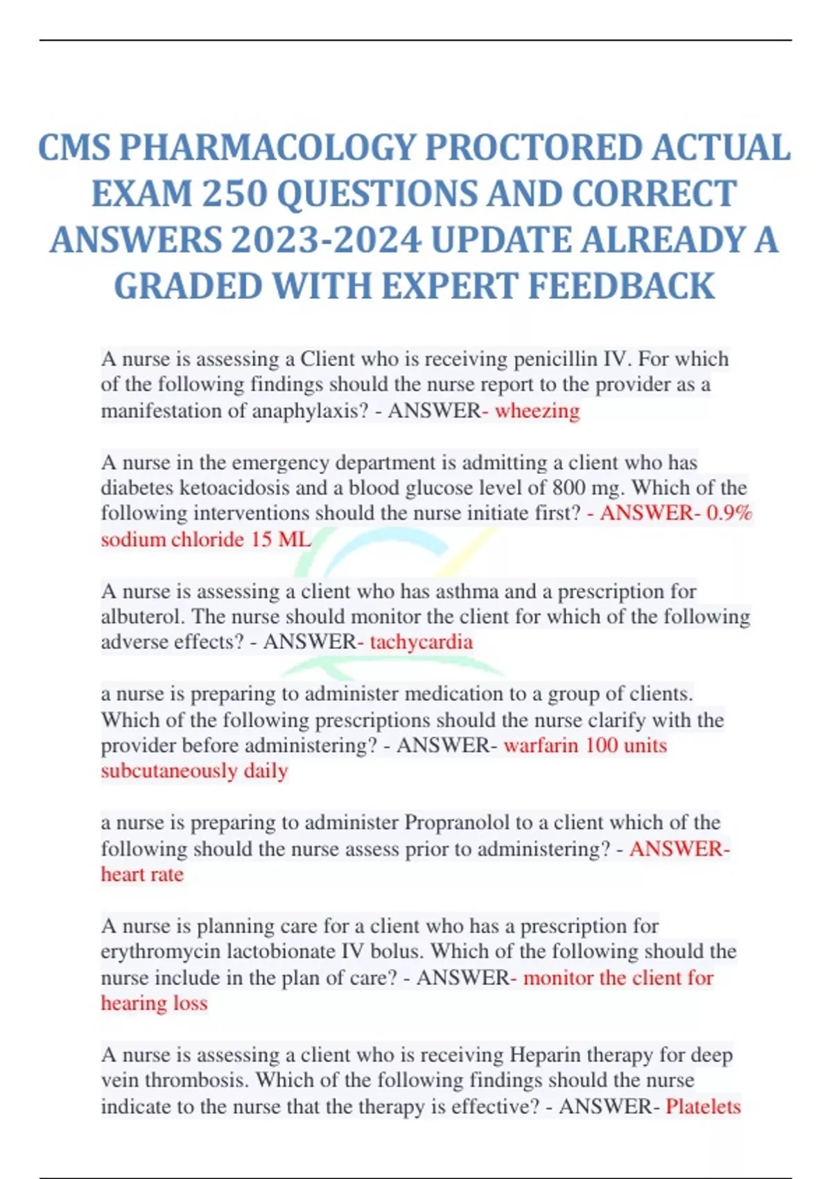 CMS PHARMACOLOGY PROCTORED ACTUAL EXAM 250 QUESTIONS AND CORRECT ...