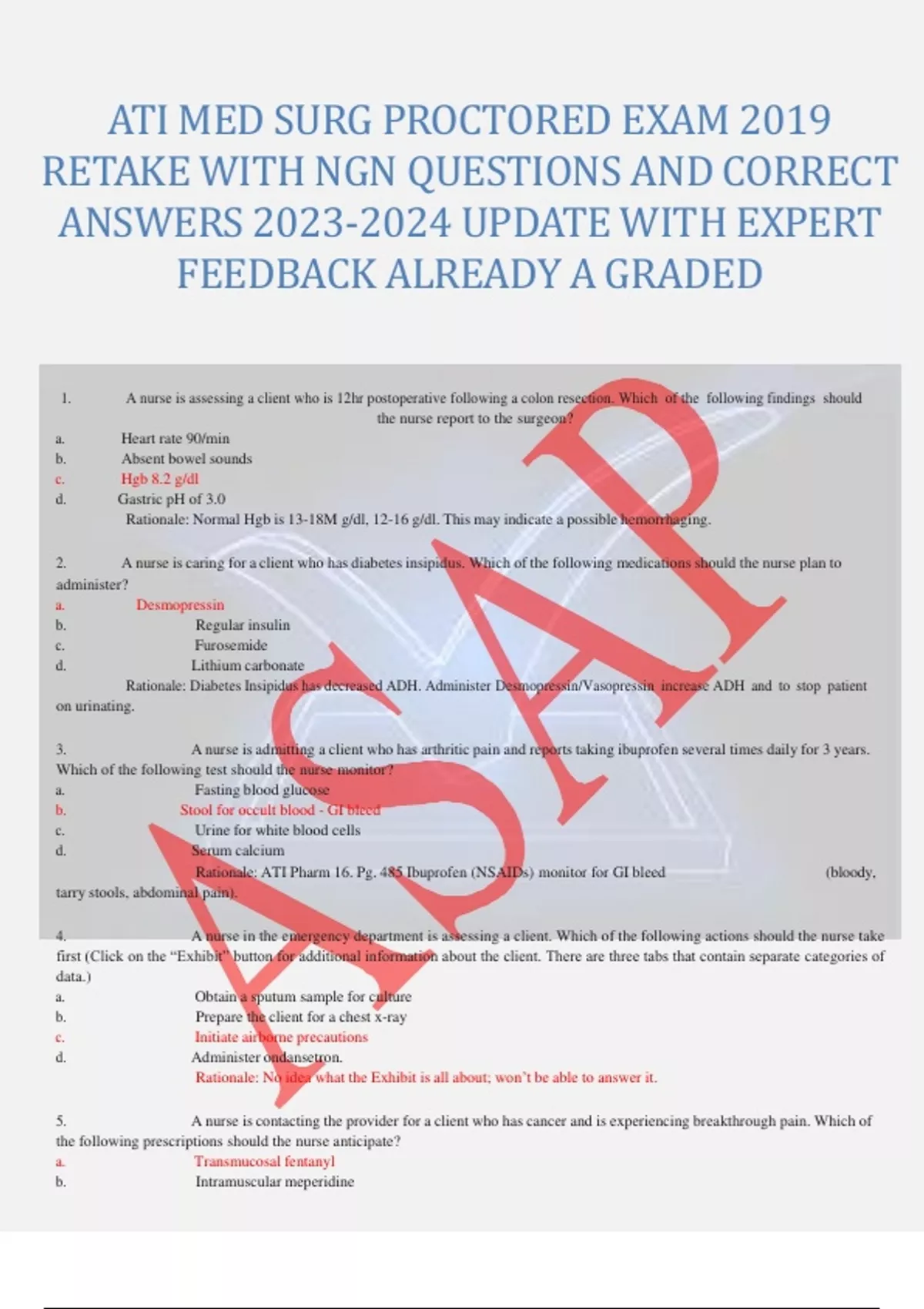 ATI MED SURG PROCTORED EXAM 2019 RETAKE WITH NGN QUESTIONS AND CORRECT ...