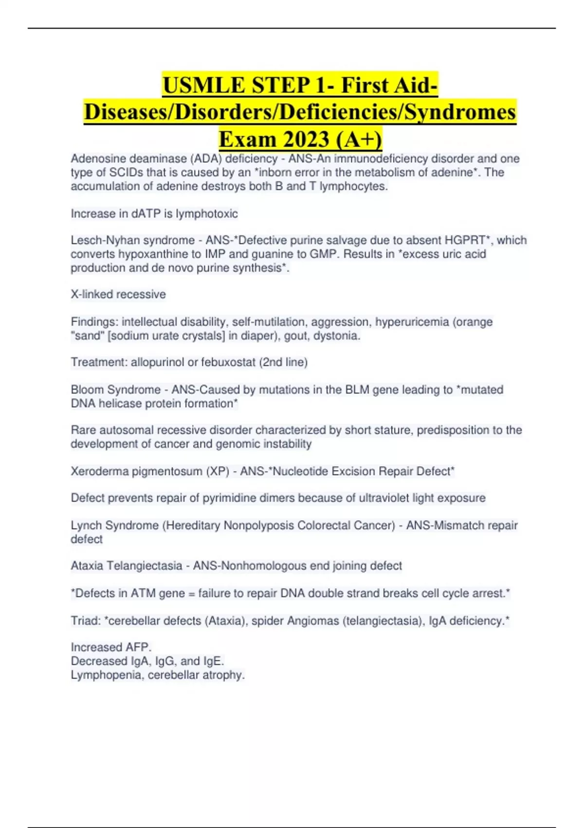 USMLE STEP 1 First Aid Diseases/Disorders/Deficiencies/Syndromes USMLE STEP 1 First Aid