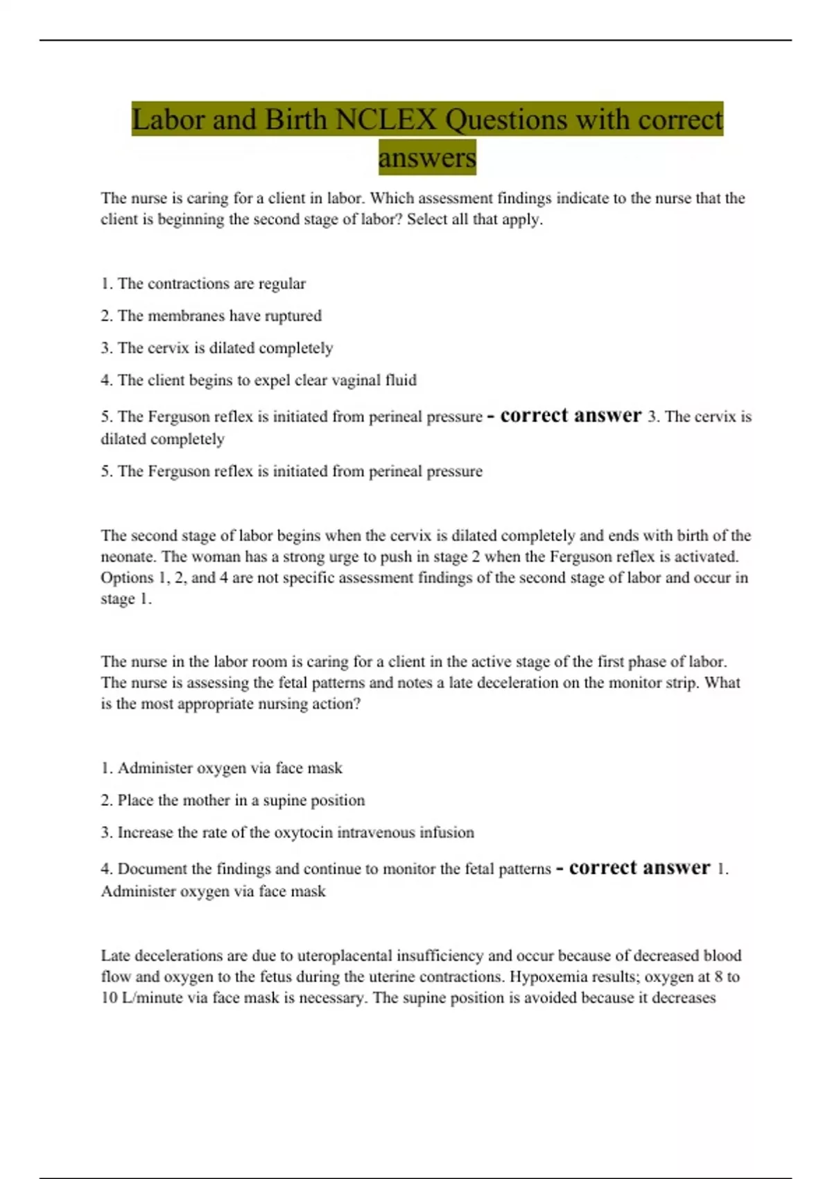 Labor and Birth NCLEX Questions with correct answers - Labor and Birth ...