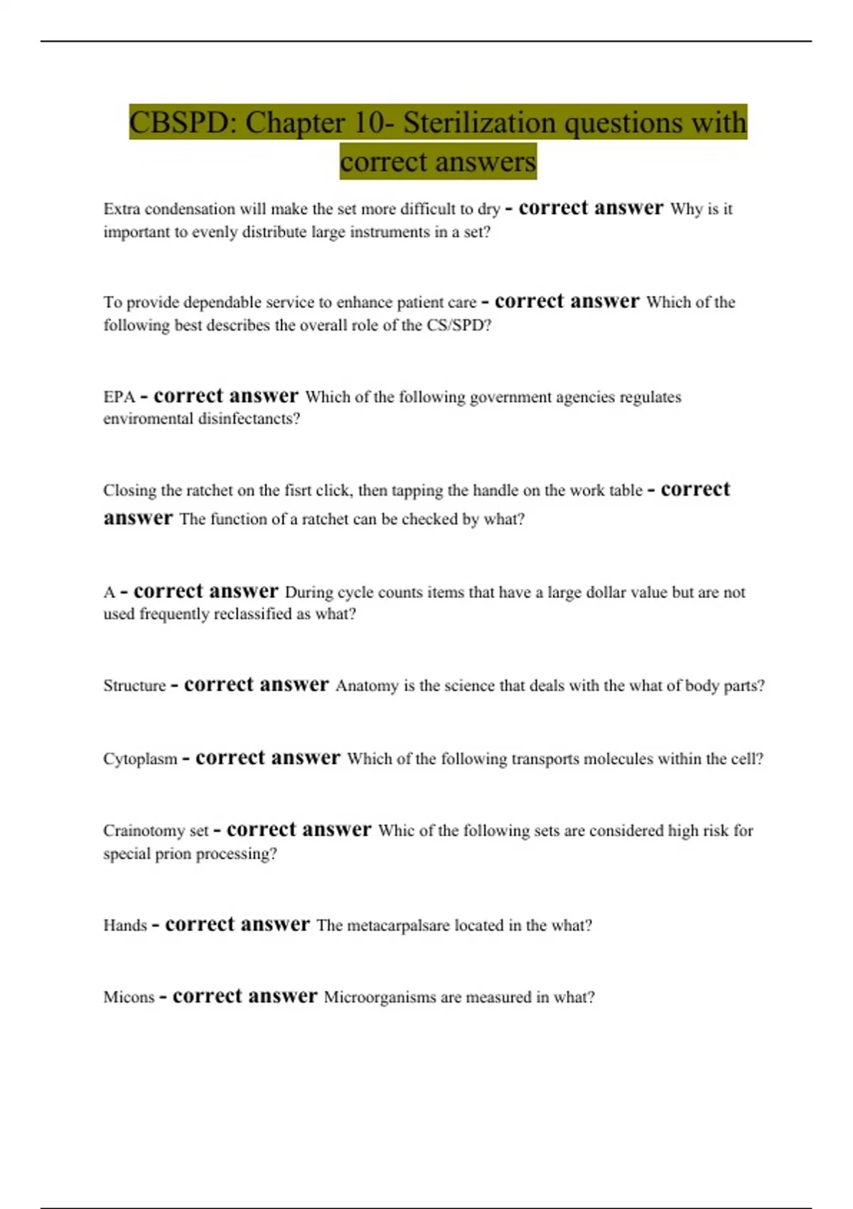 CBSPD Chapter 10 Sterilization questions with correct answers CBSPD