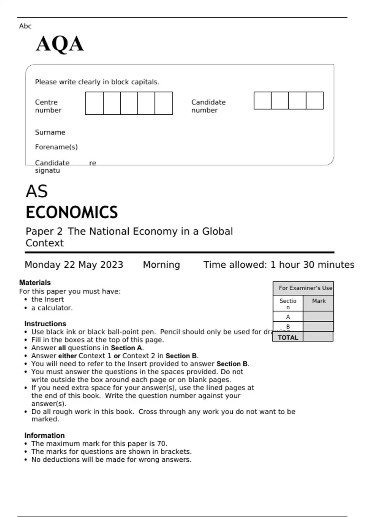 AQA AS ECONOMICS Paper 1 and 2 MAY 2023 QUESTION PAPERS AND MARK ...