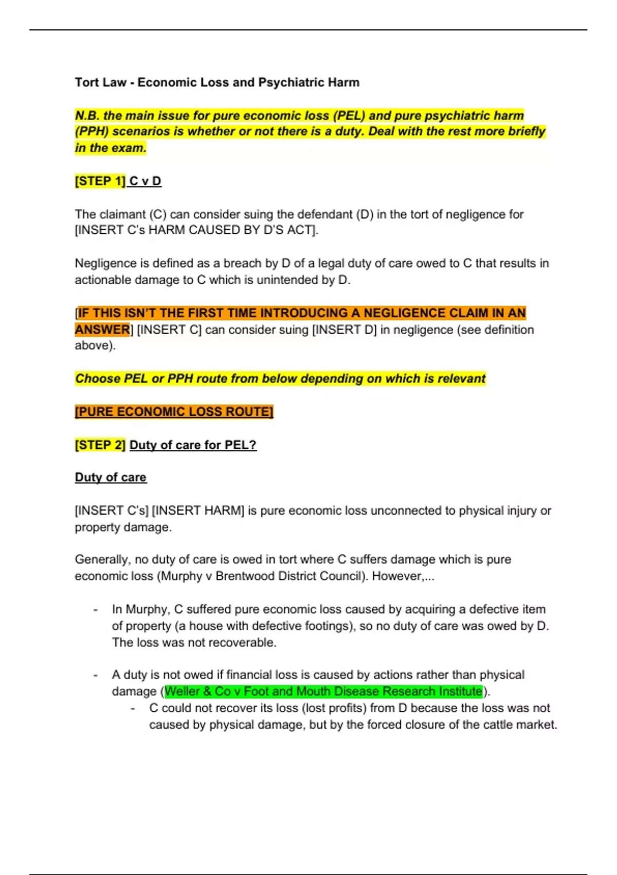 Tort Law - Economic Loss and Psychiatric Harm (Exam Plan) - GDL - Stuvia UK